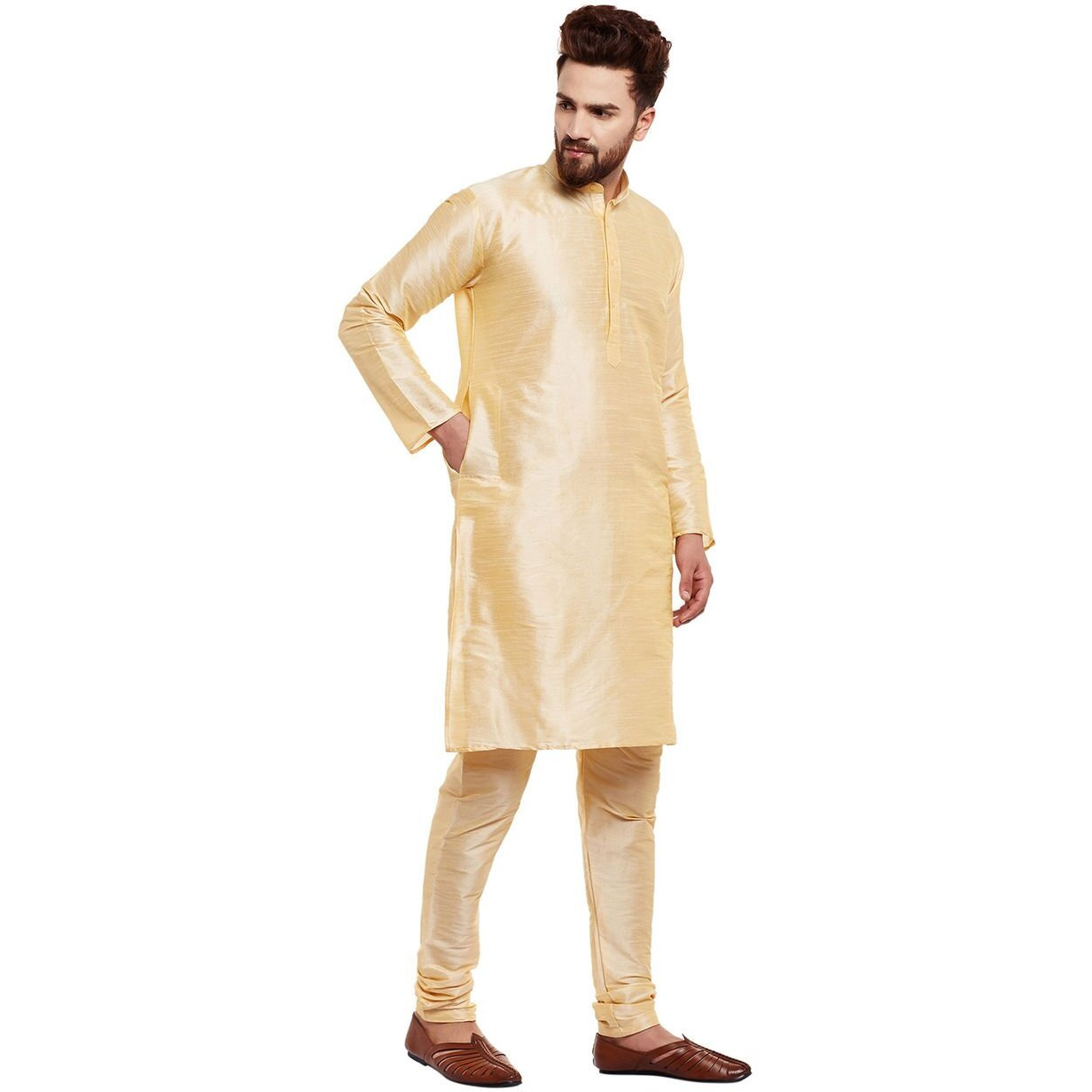 Sojanya (Since 1958 Men's Gold Silk Blend Kurta & Churidaar Pyjama Set Size Xl