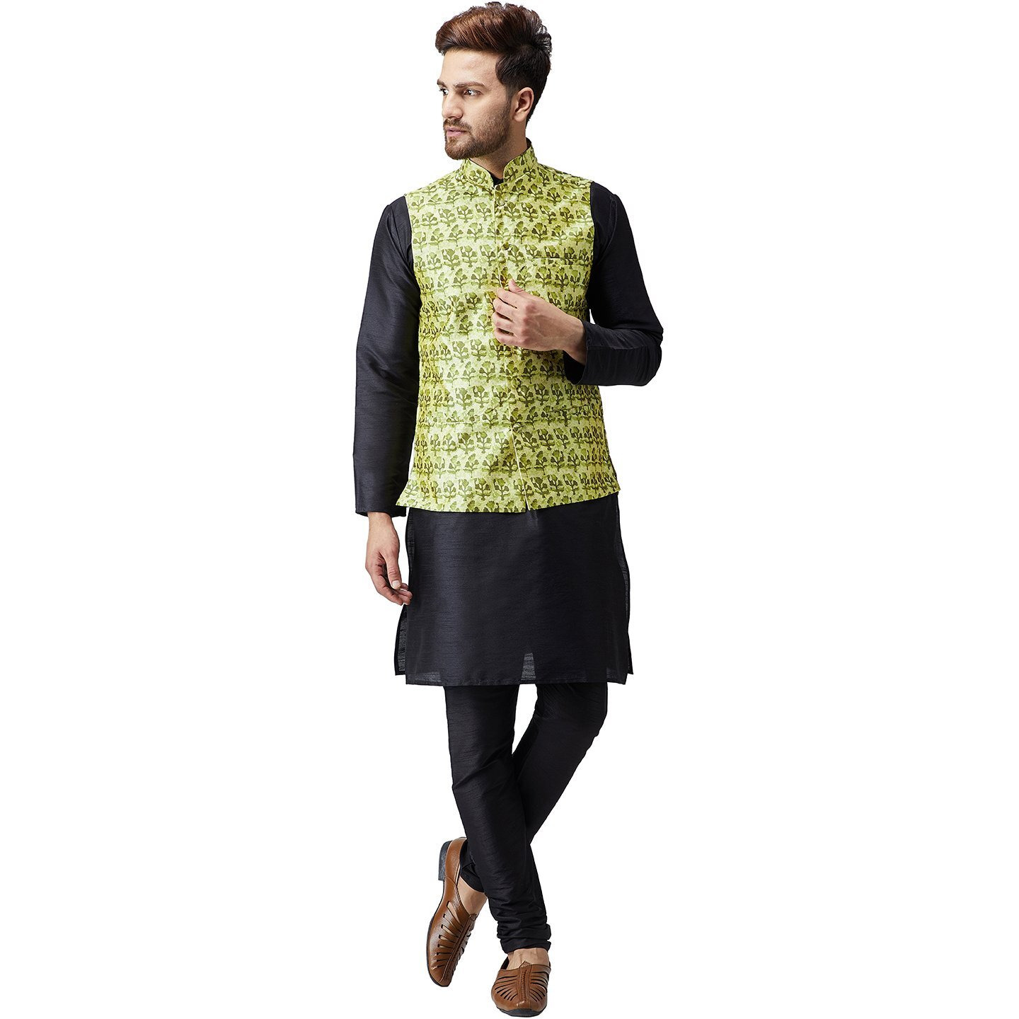 Sojanya (Since 1958, Men's Silk Black Kurta Pyjama & Lime Green Printed Nehru Jacket Set, Size Xxl
