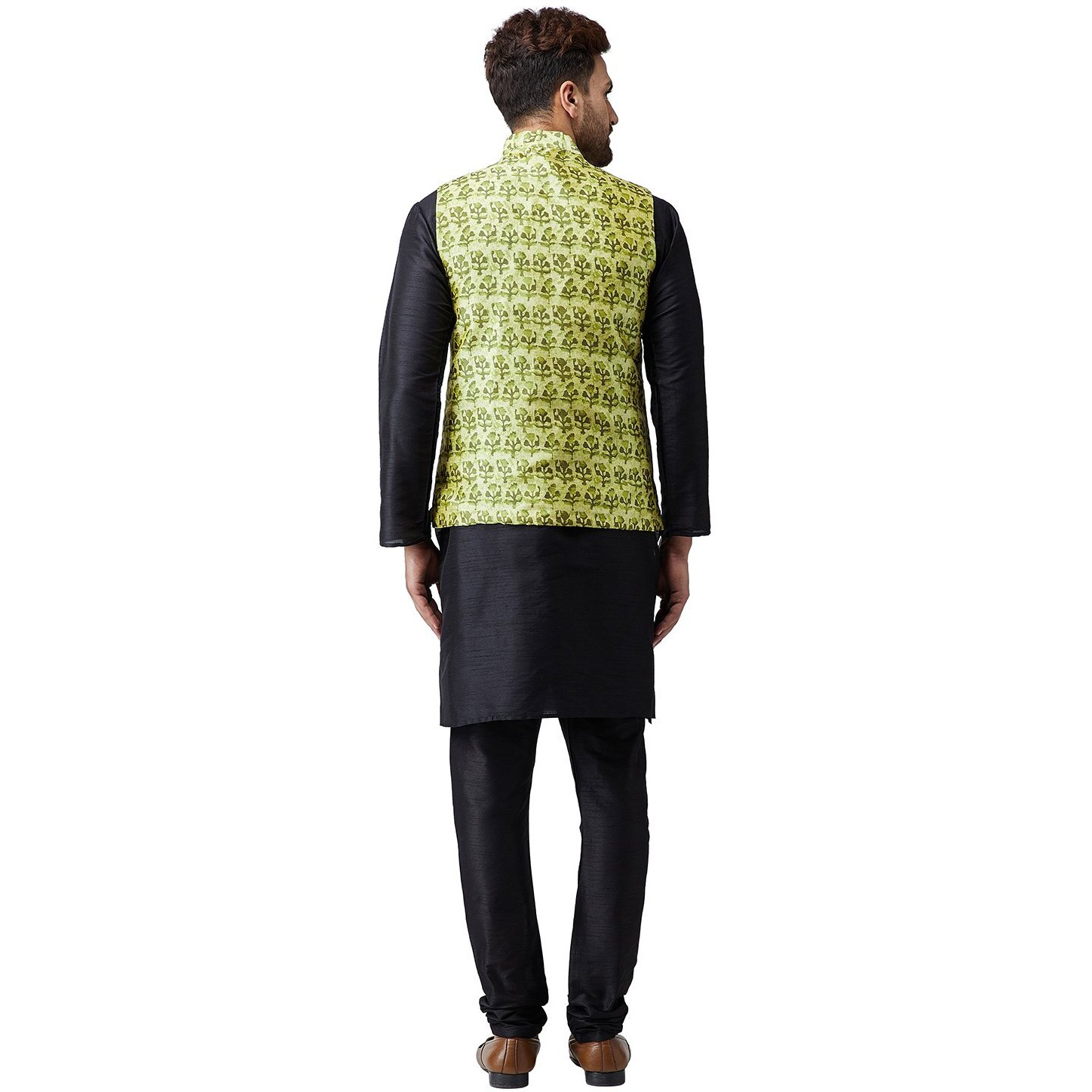 Sojanya (Since 1958, Men's Silk Black Kurta Pyjama & Lime Green Printed Nehru Jacket Set, Size Xxl