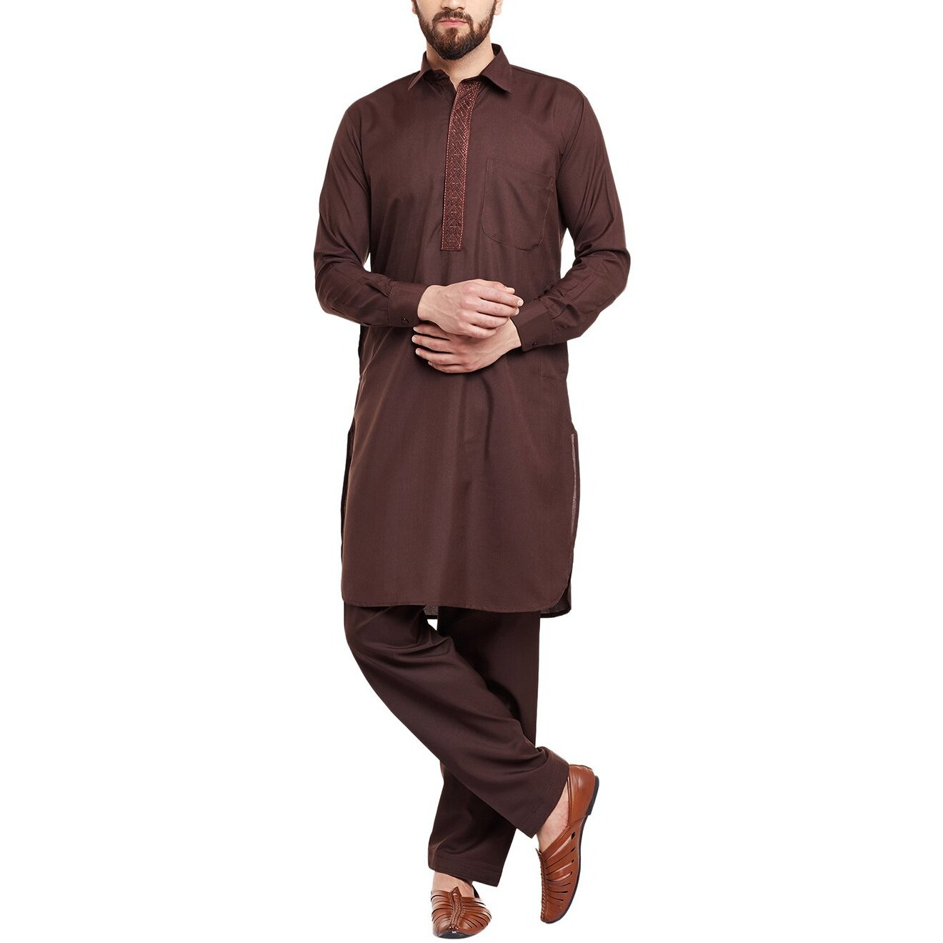 Sojanya (Since 1958 Men's Brown Cotton Blend Pathani Kurta & Salwar Set Size Xxl