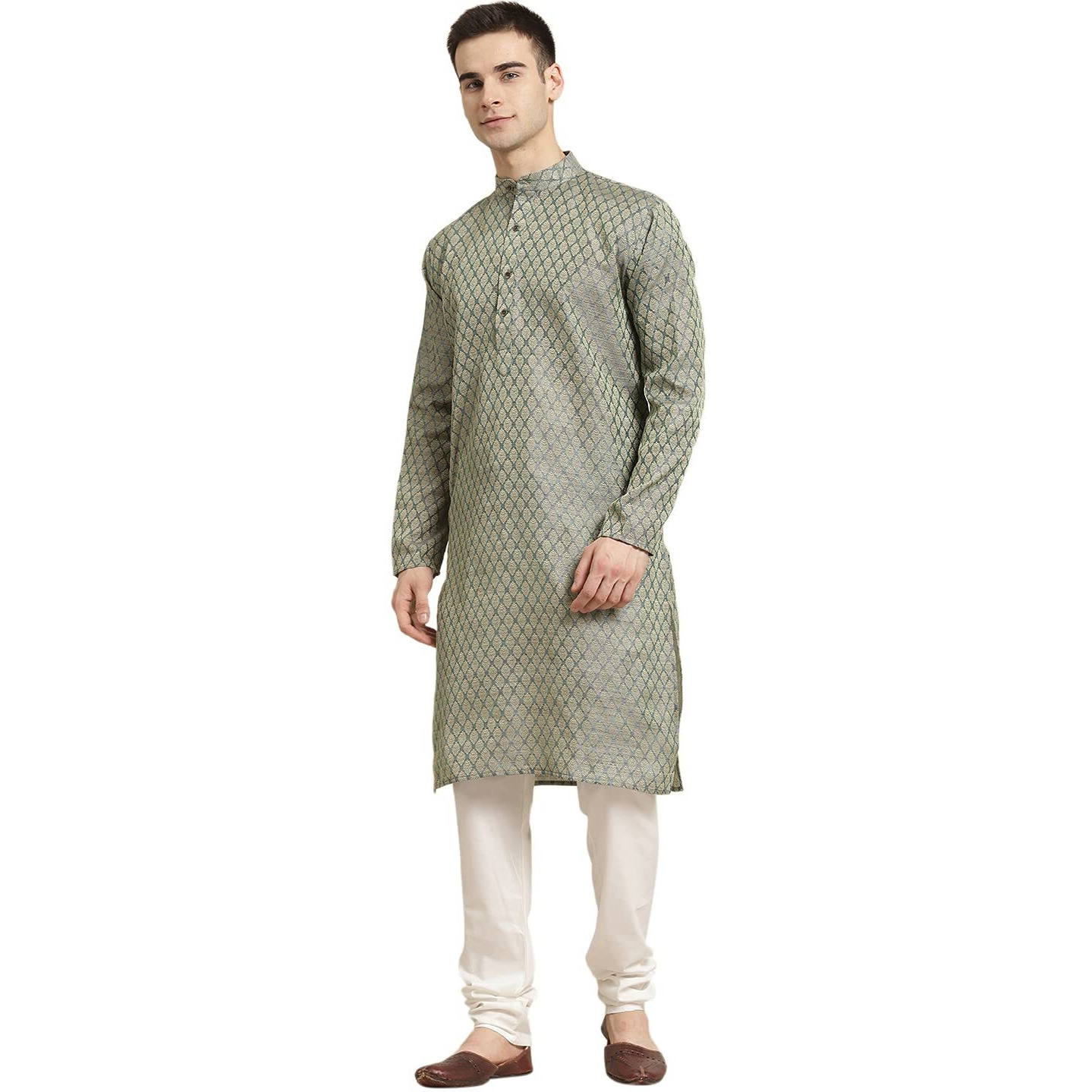 Sojanya (Since 1958 Men's Jacquard Silk Teal Green Self Design Only Kurta Size 38