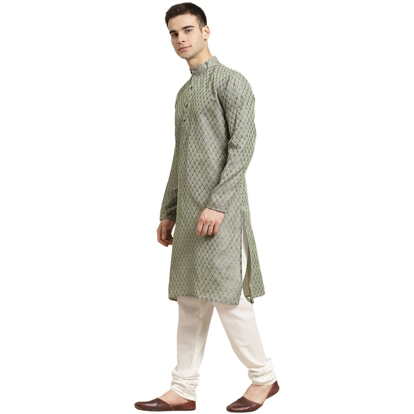 Sojanya (Since 1958 Men's Jacquard Silk Teal Green Self Design Only Kurta Size 40