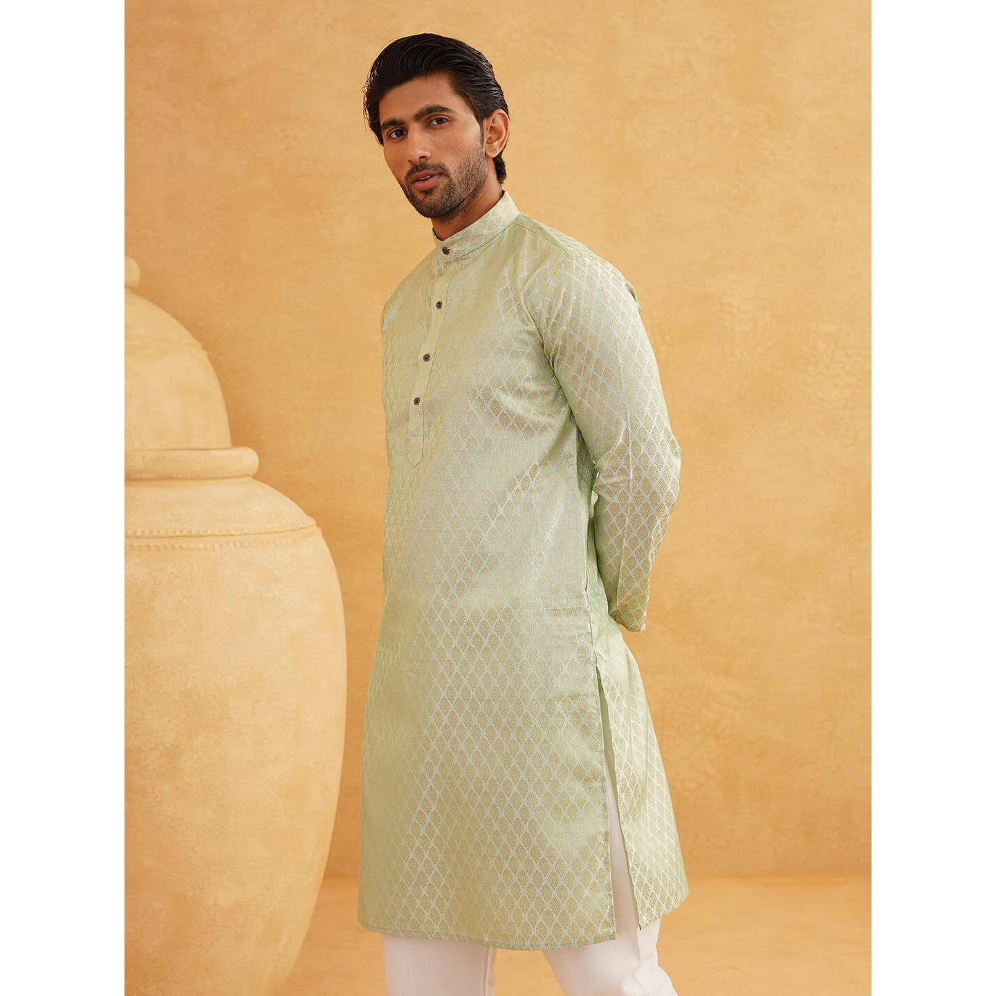 Sojanya (Since 1958 Men's Jacquard Silk Pista Green Self Design Only Kurta Size 36
