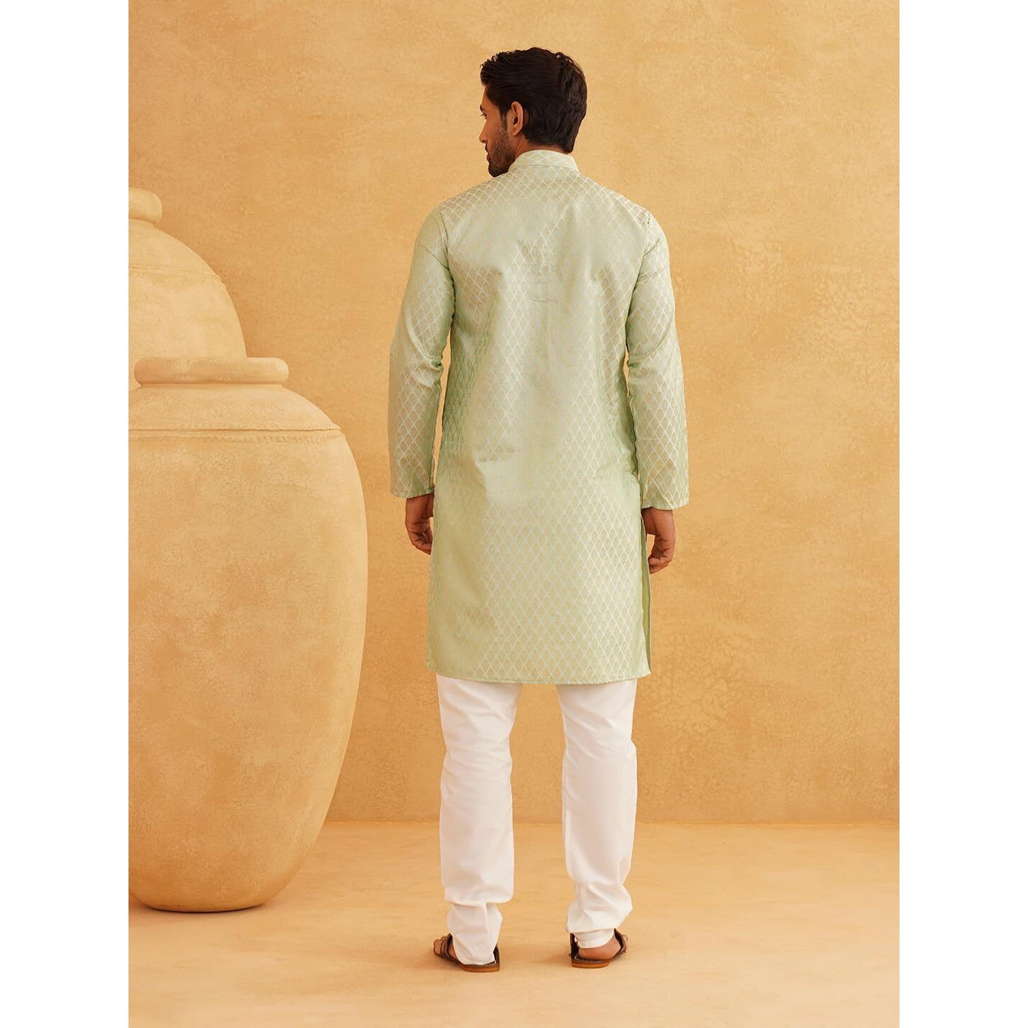 Sojanya (Since 1958 Men's Jacquard Silk Pista Green Self Design Only Kurta Size 36