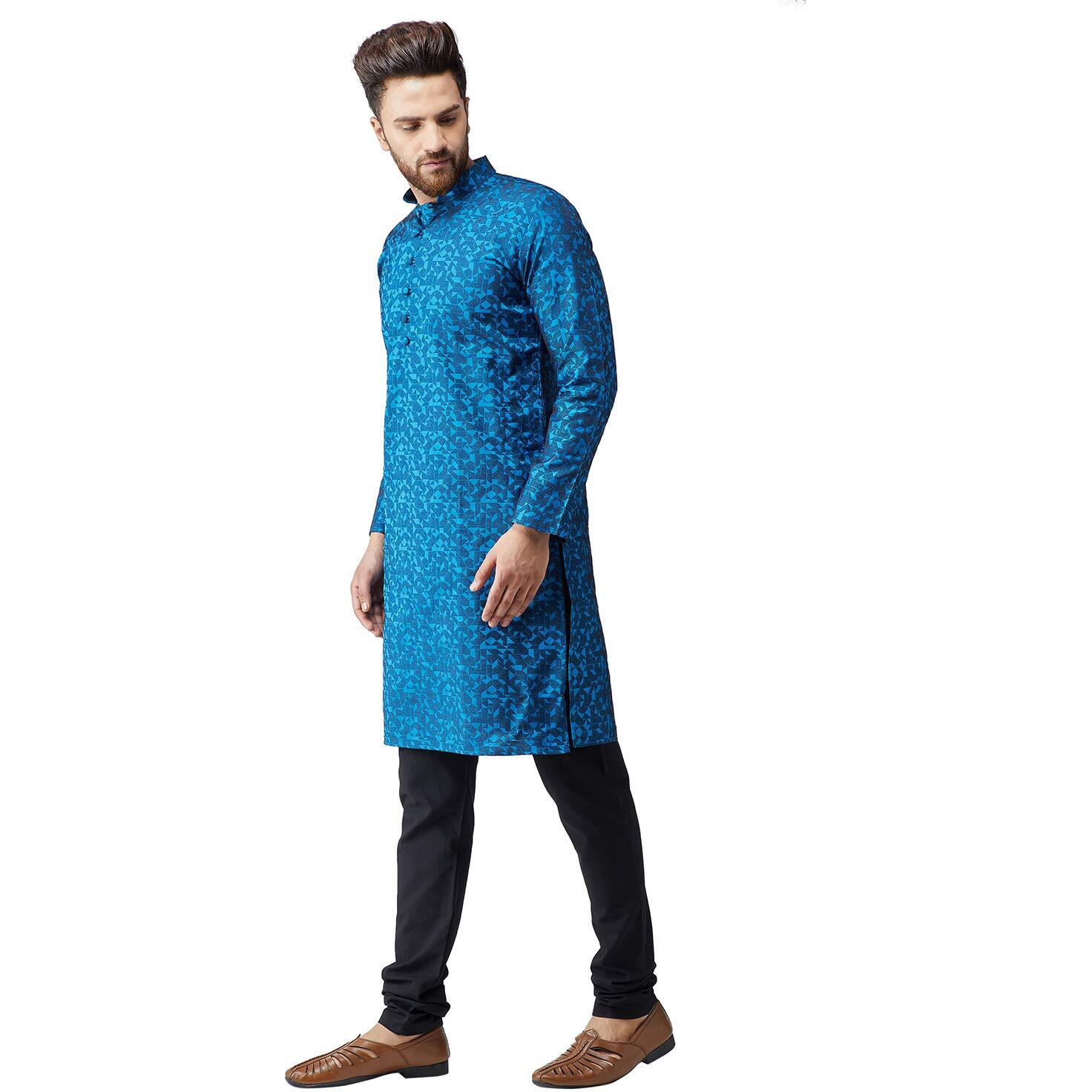 Sojanya (Since 1958 Men's Blue Jacquard Silk Only Long Kurta Size M