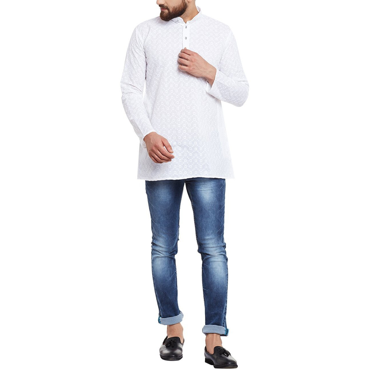 Sojanya (Since 1958 Men's White Pure Chicken Cotton Short Kurta, Size L