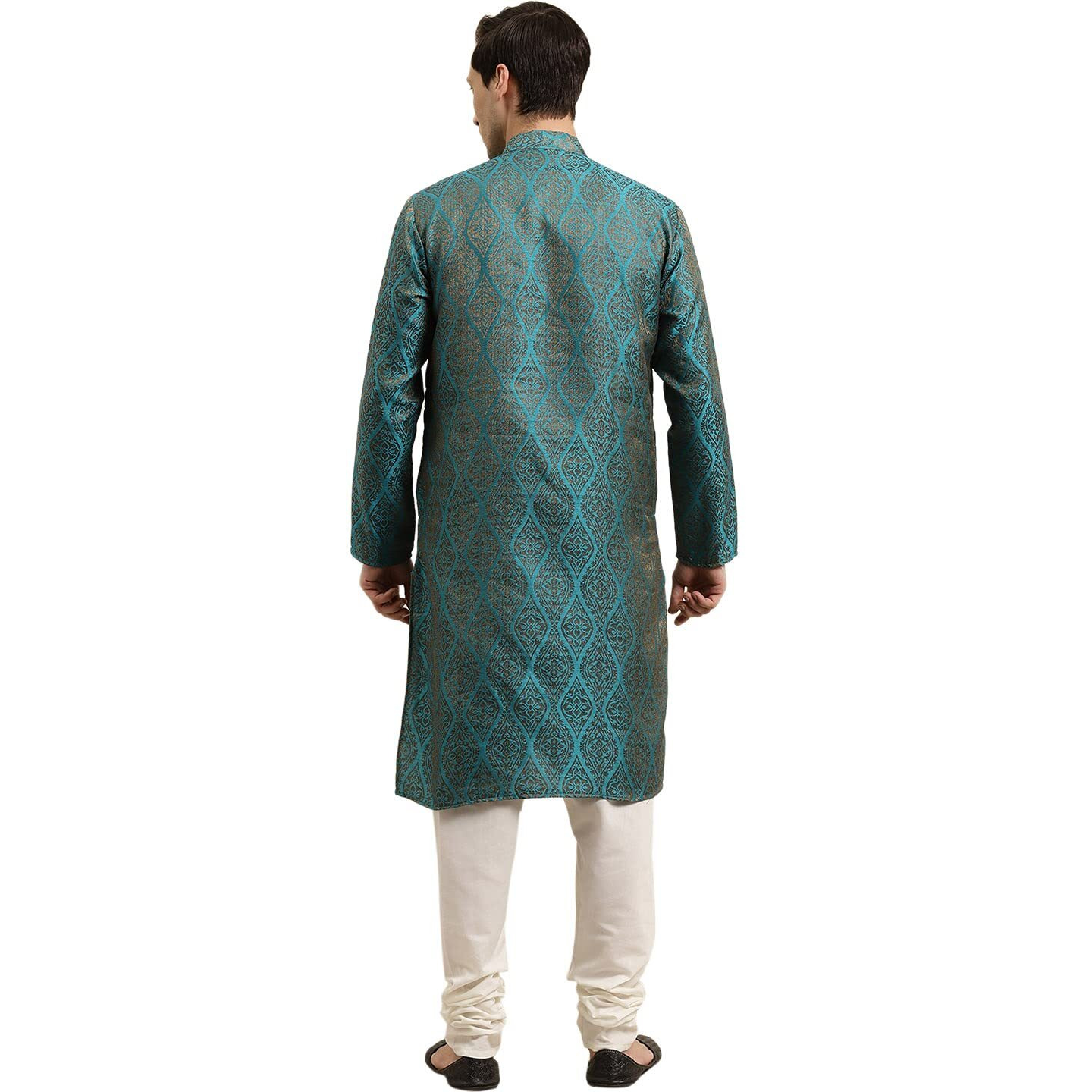 Sojanya (Since 1958 Men's Jacquard Silk Teal Blue & Gold Kurta Size 40
