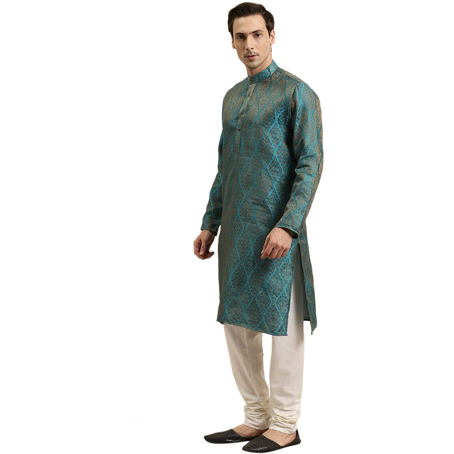 Sojanya (Since 1958 Men's Jacquard Silk Teal Blue & Gold Kurta Size 40