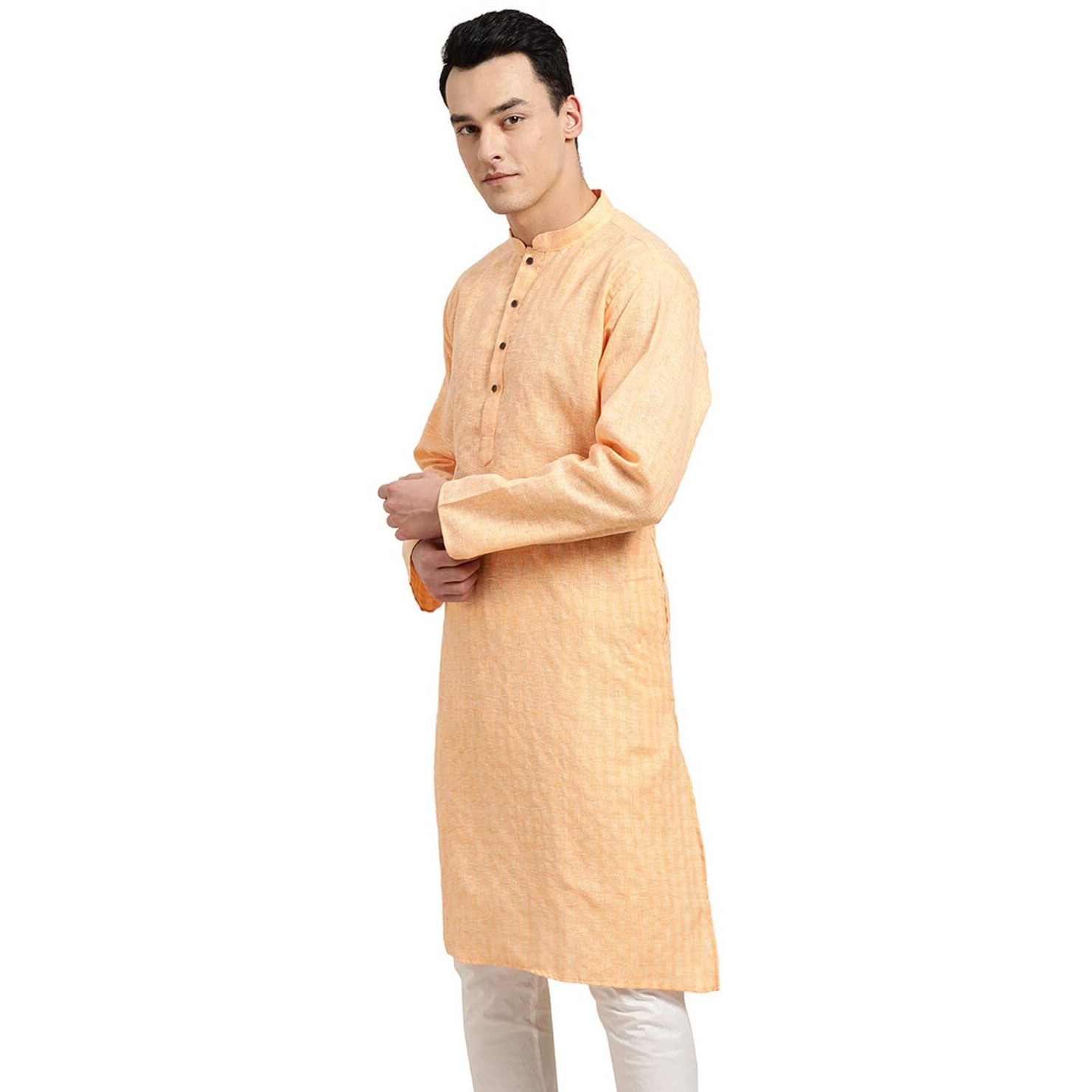 Sojanya (Since 1958 Men's Cotton Linen Peach Checked Only Long Kurta Size 42