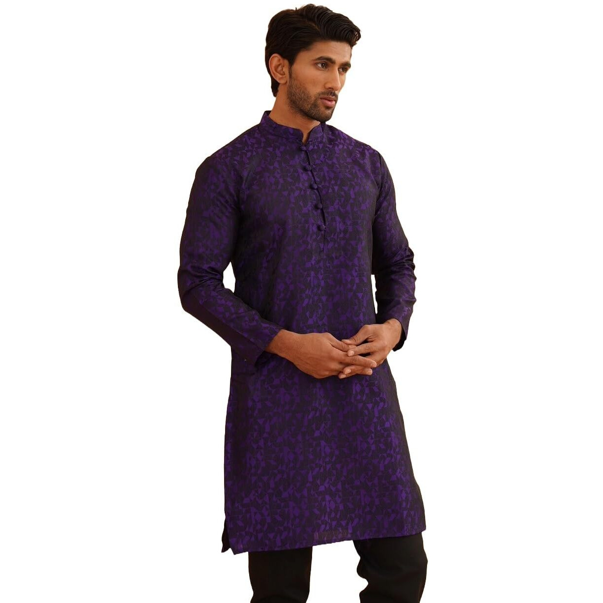 Sojanya (Since 1958 Men's Purple Jacquard Silk Only Long Kurta Size M