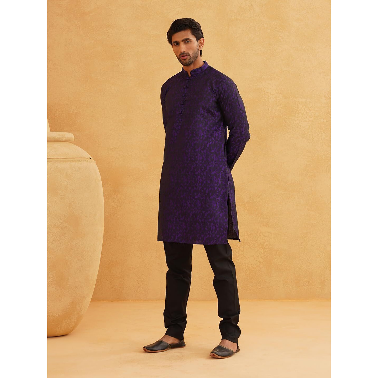 Sojanya (Since 1958 Men's Purple Jacquard Silk Only Long Kurta Size M