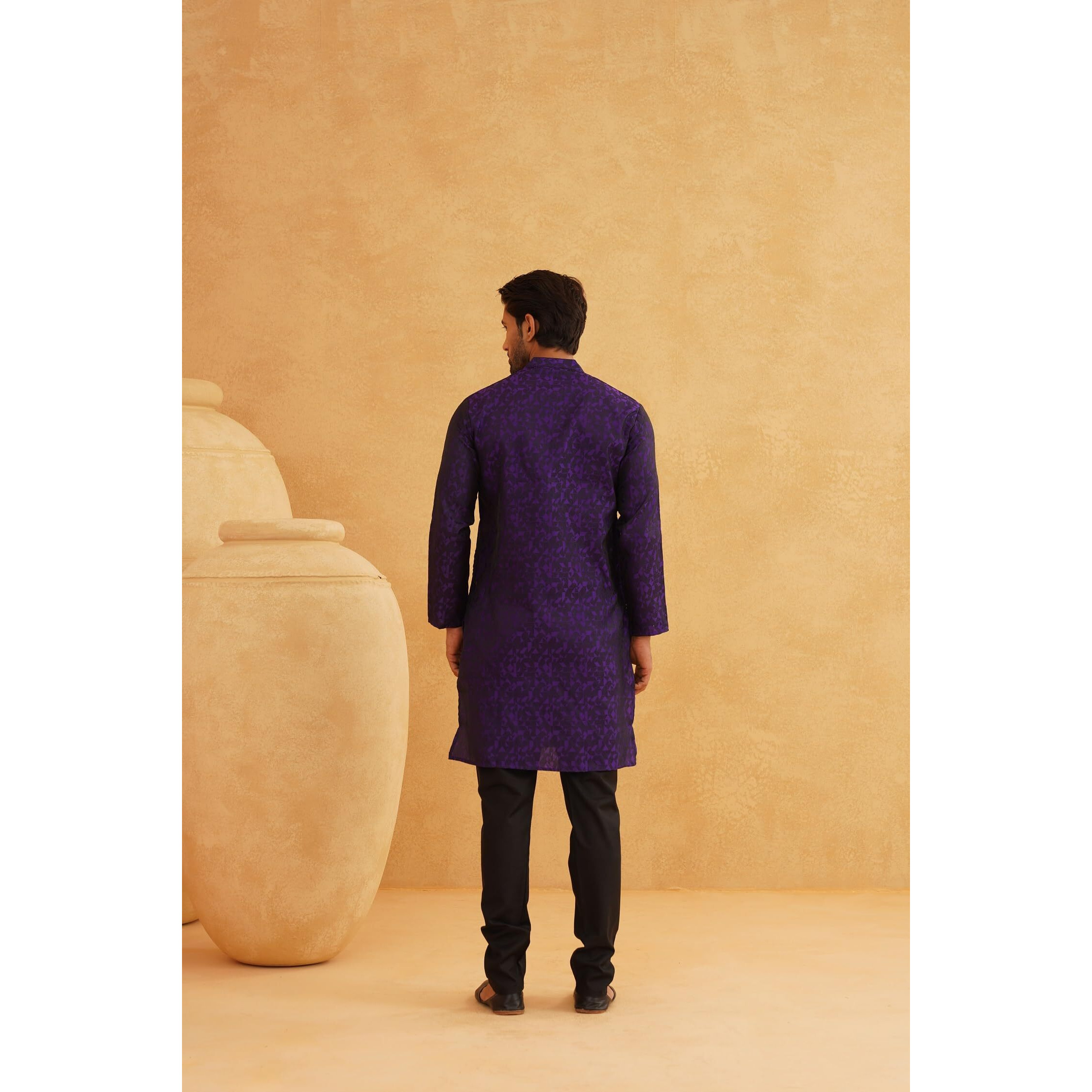 Sojanya (Since 1958 Men's Purple Jacquard Silk Only Long Kurta Size M
