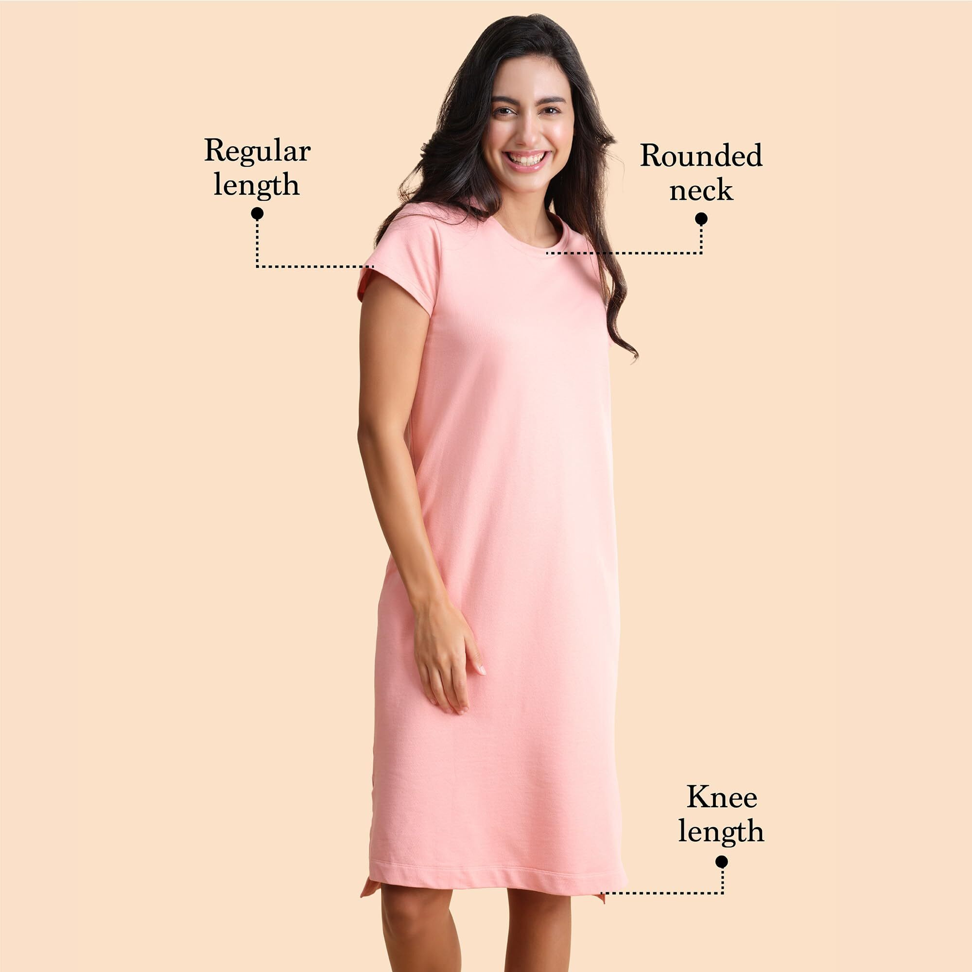 Enamor Essentials Womens Relaxed Fit Long Length Short Sleeve Crew Neck Cotton French Terry Lounge Dress With Onseam Pockets - E801