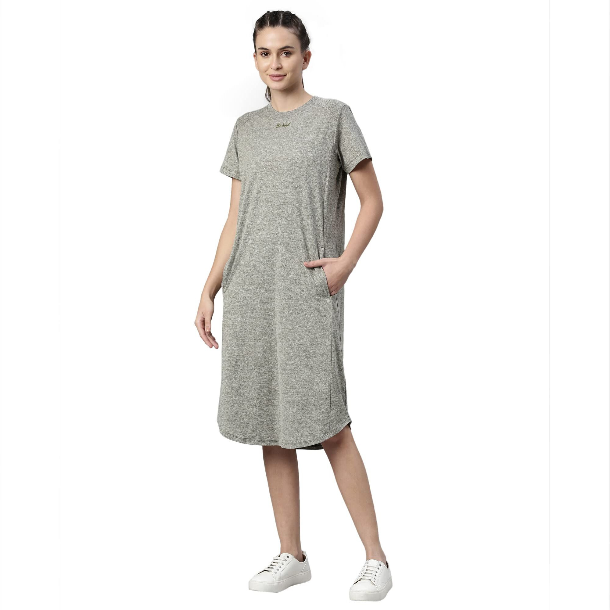 Enamor Athleisure Womens Relaxed Fit Light Weight Quick Dry 4 Way Stretch Antimicrobial Shorts Sleeve Round Neck Active Dress With Graphic And Side Pockets - A801