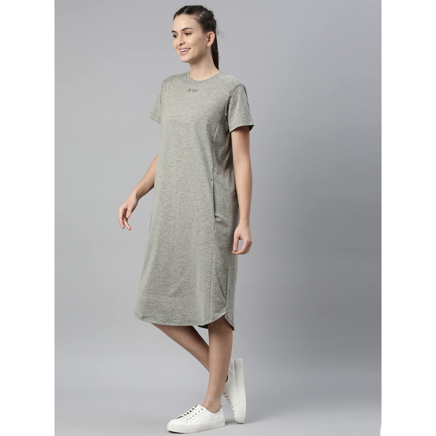 Enamor Athleisure Womens Relaxed Fit Light Weight Quick Dry 4 Way Stretch Antimicrobial Shorts Sleeve Round Neck Active Dress With Graphic And Side Pockets - A801