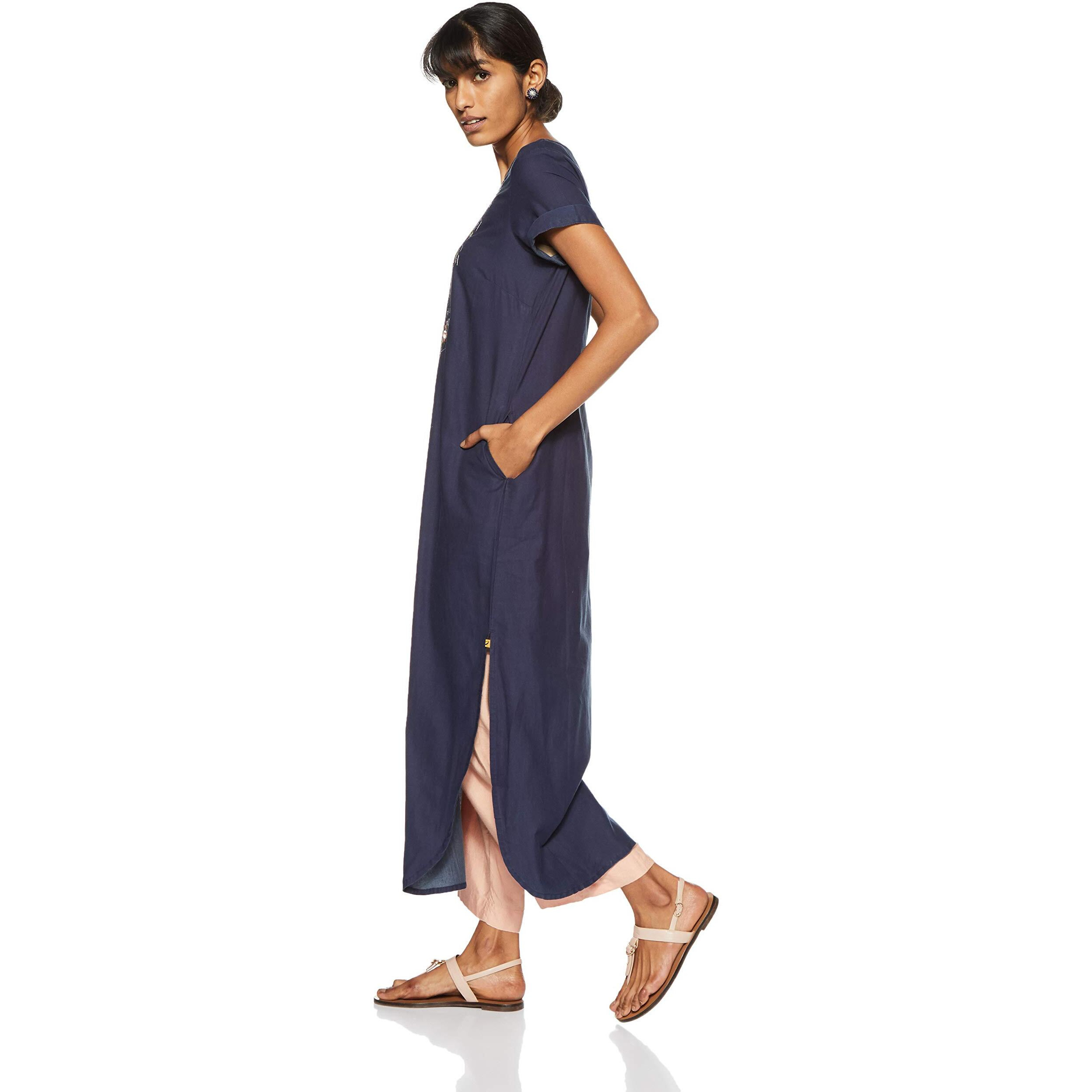 Aurelia Women's Cotton Straight Kurta (18Fek13505-03147_L_Blue_Multicoloured_L)