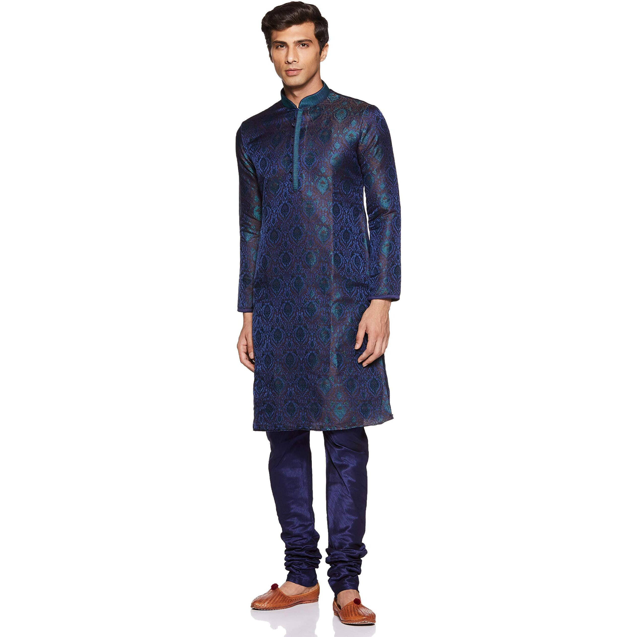Manyavar Men's Cotton Kurta Pyjama (S952509_Green-Maroon_Medium/38)