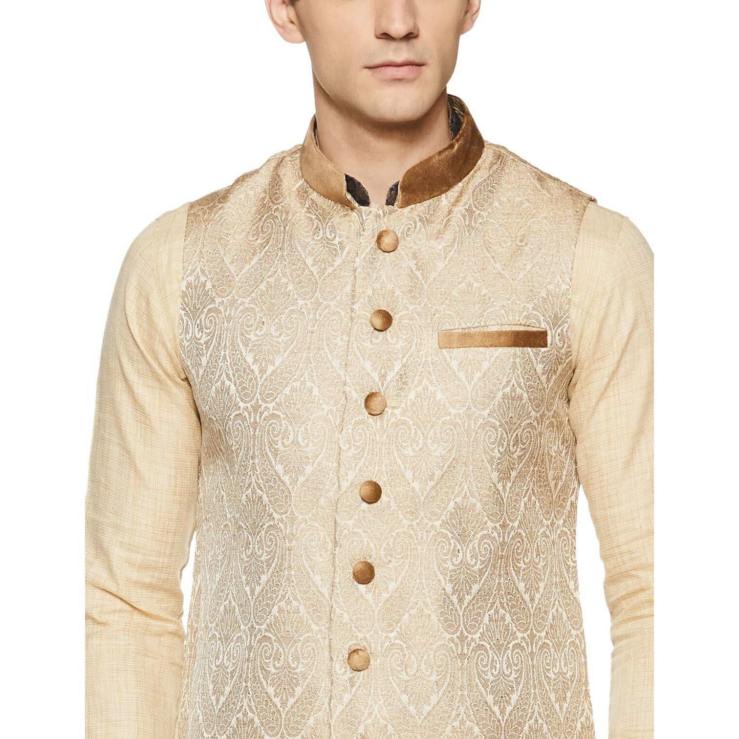 Manyavar J952358-303 Art Silk Jacket (J952358-303_Beige_Medium/38)