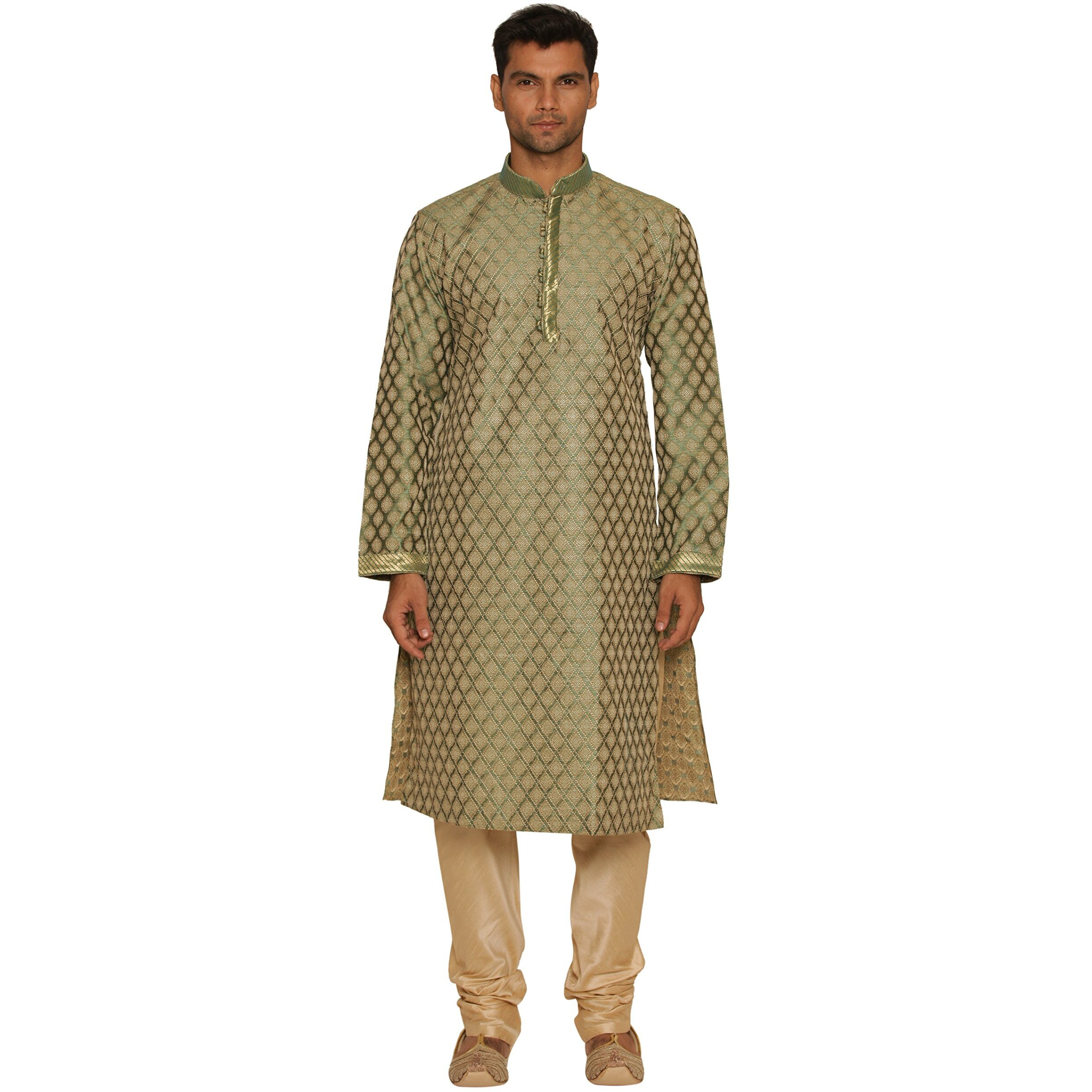 Manyavar Men's Blended Kurta & Churidar Set, Green - Small (S952570-327)