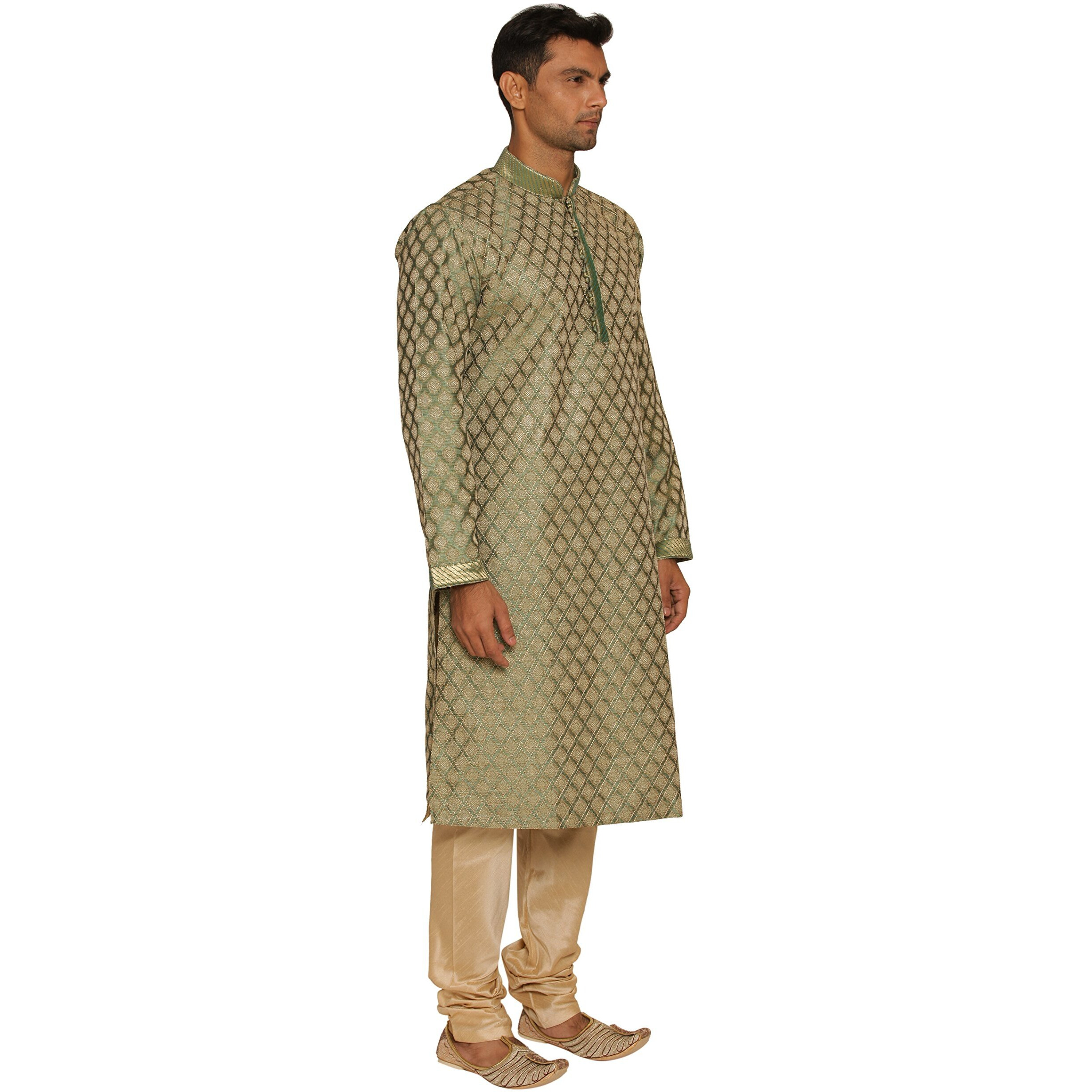 Manyavar Men's Blended Kurta & Churidar Set, Green - Small (S952570-327)