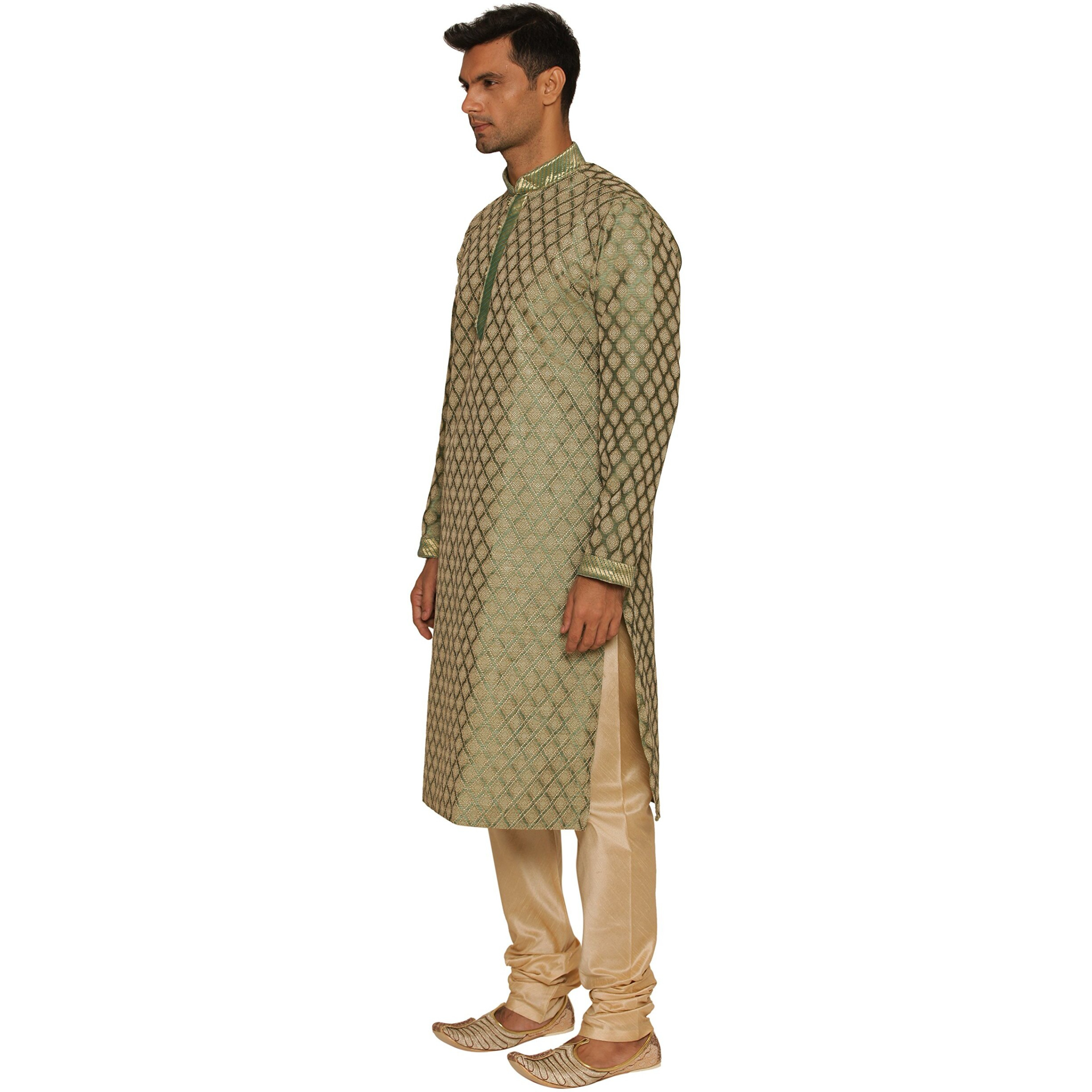 Manyavar Men's Blended Kurta & Churidar Set, Green - Small (S952570-327)