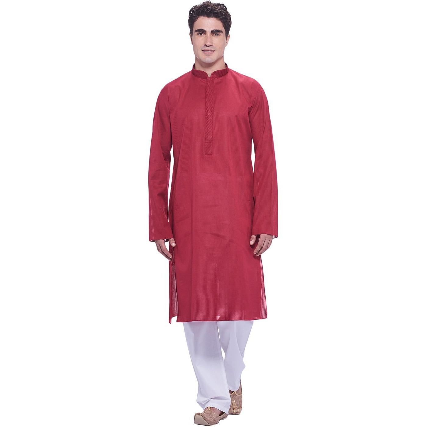 Manyavar Men's Blended Kurta & Pyjama Set, Maroon - Large/40 (M301063-307)