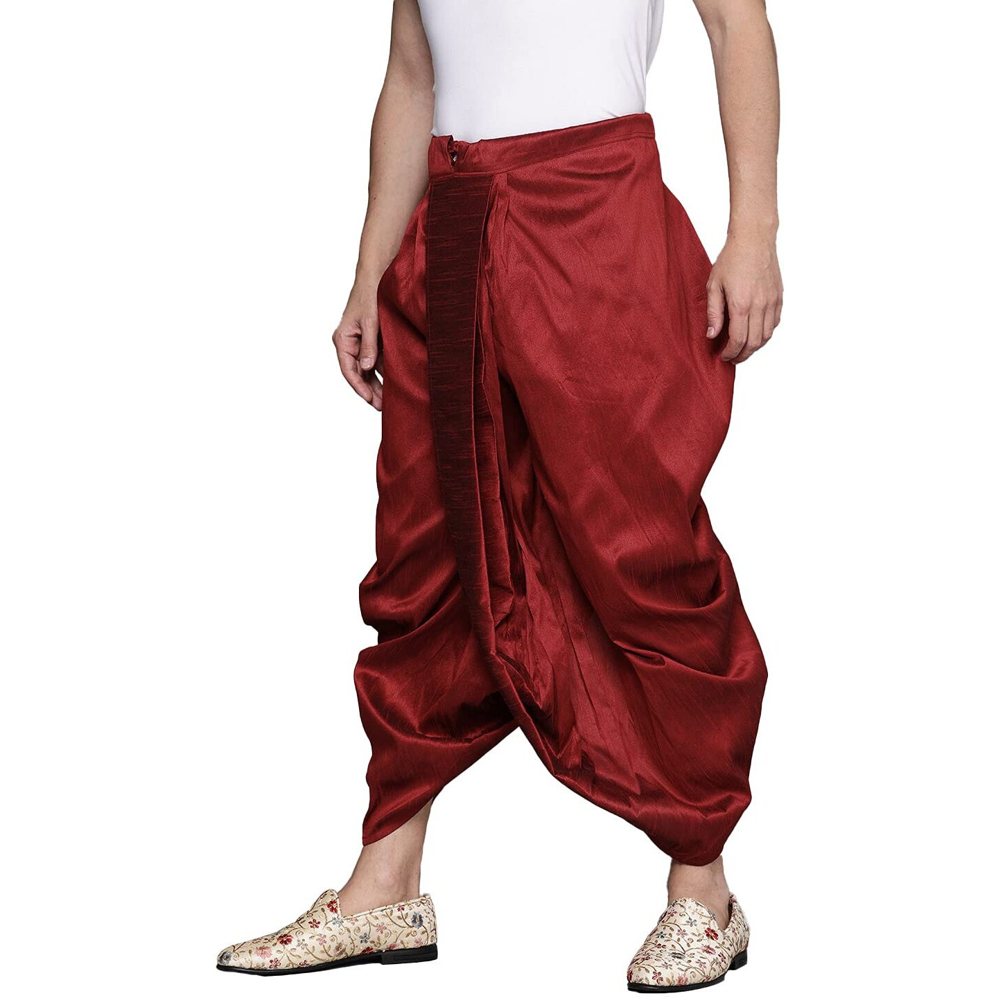 Manyavar Elegant Art Silk Readymade Stiched Dhoti For Men - (Maroon, Medium)
