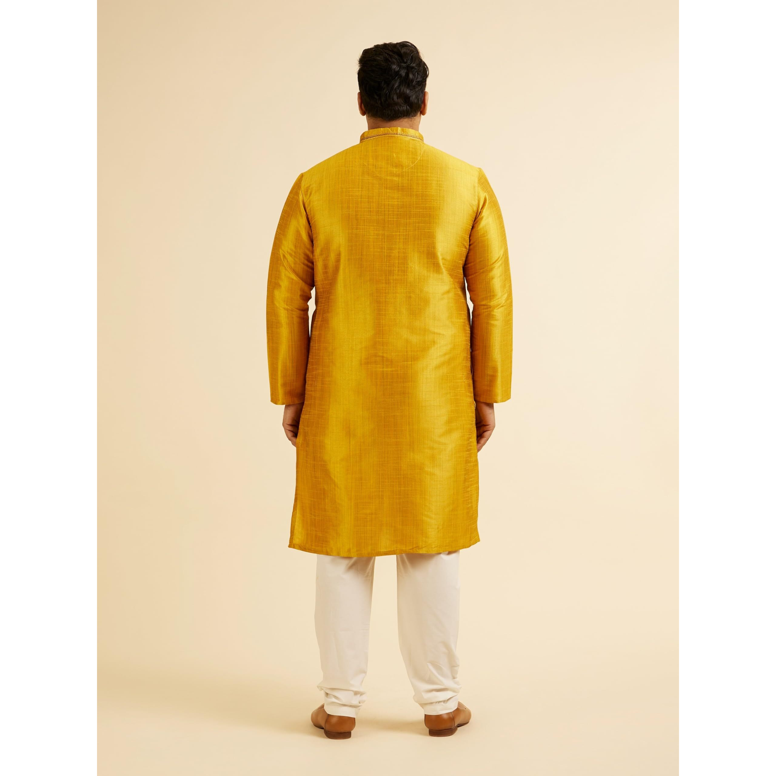 Manyavar Men's Art Silk Solid Kurta Churidar Set (Mustard,03Xl)