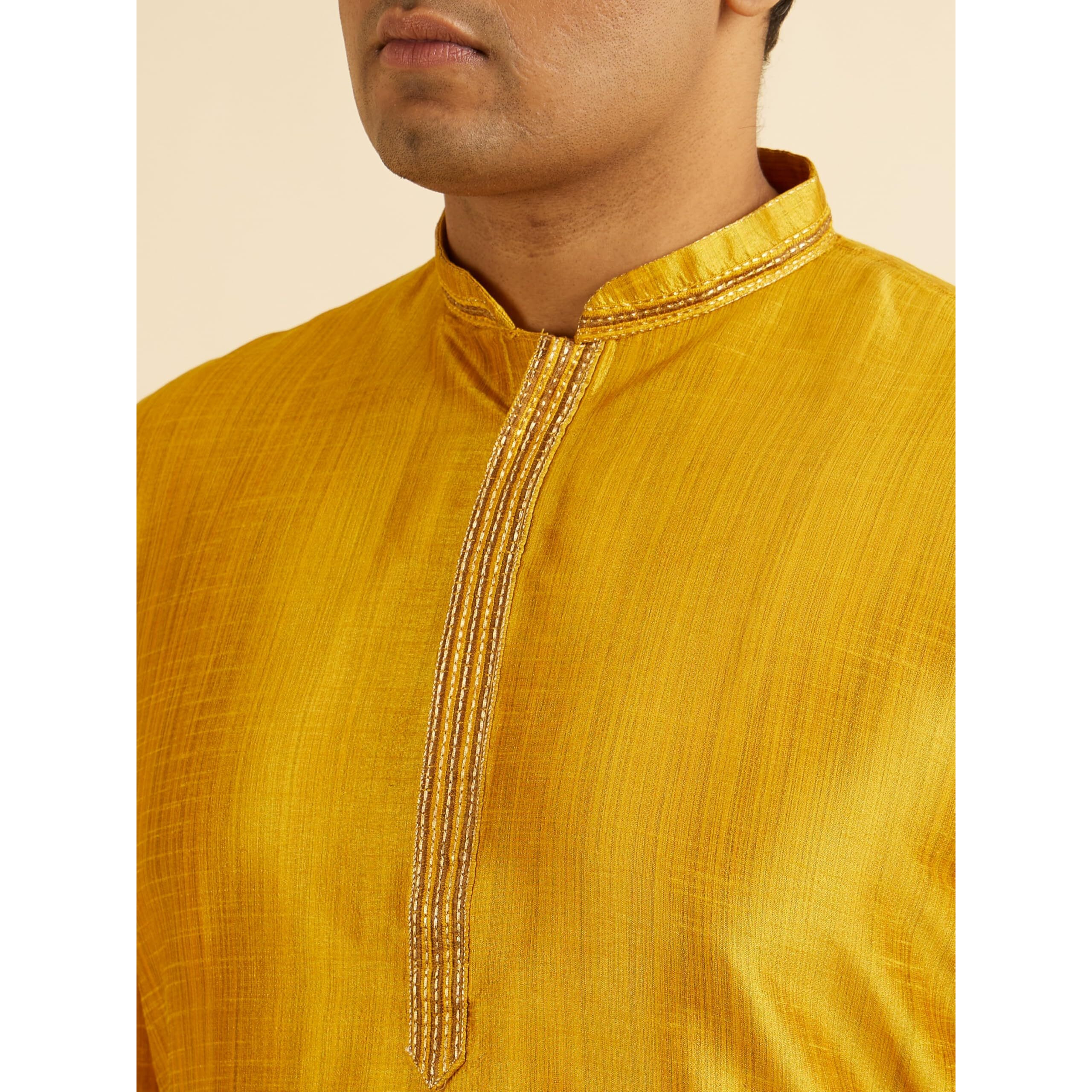 Manyavar Men's Art Silk Solid Kurta Churidar Set (Mustard,03Xl)