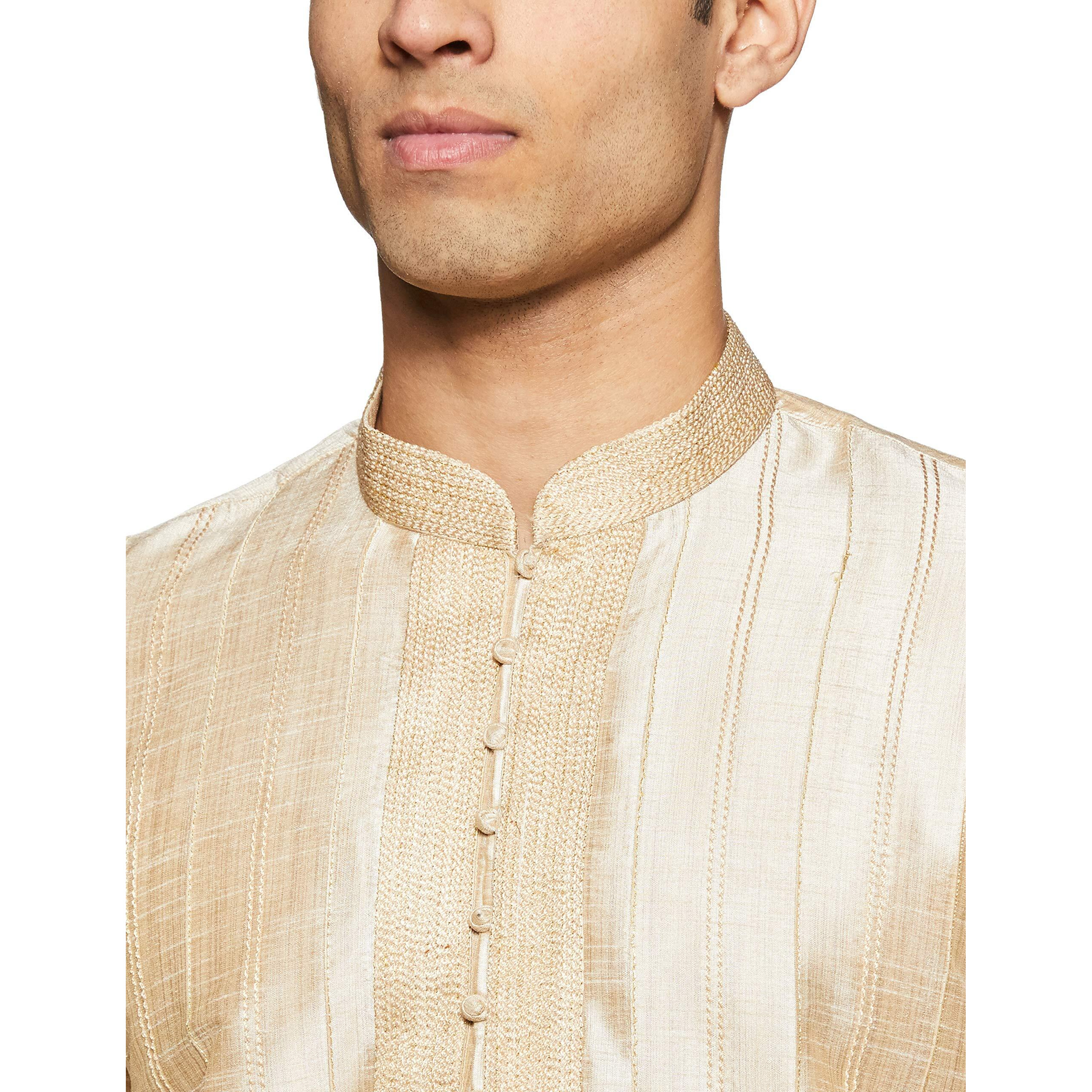 Manyavar Men's Full Sleeve Blended Solid Kurta & Churidar Set, Cream - Small (S952156-311)