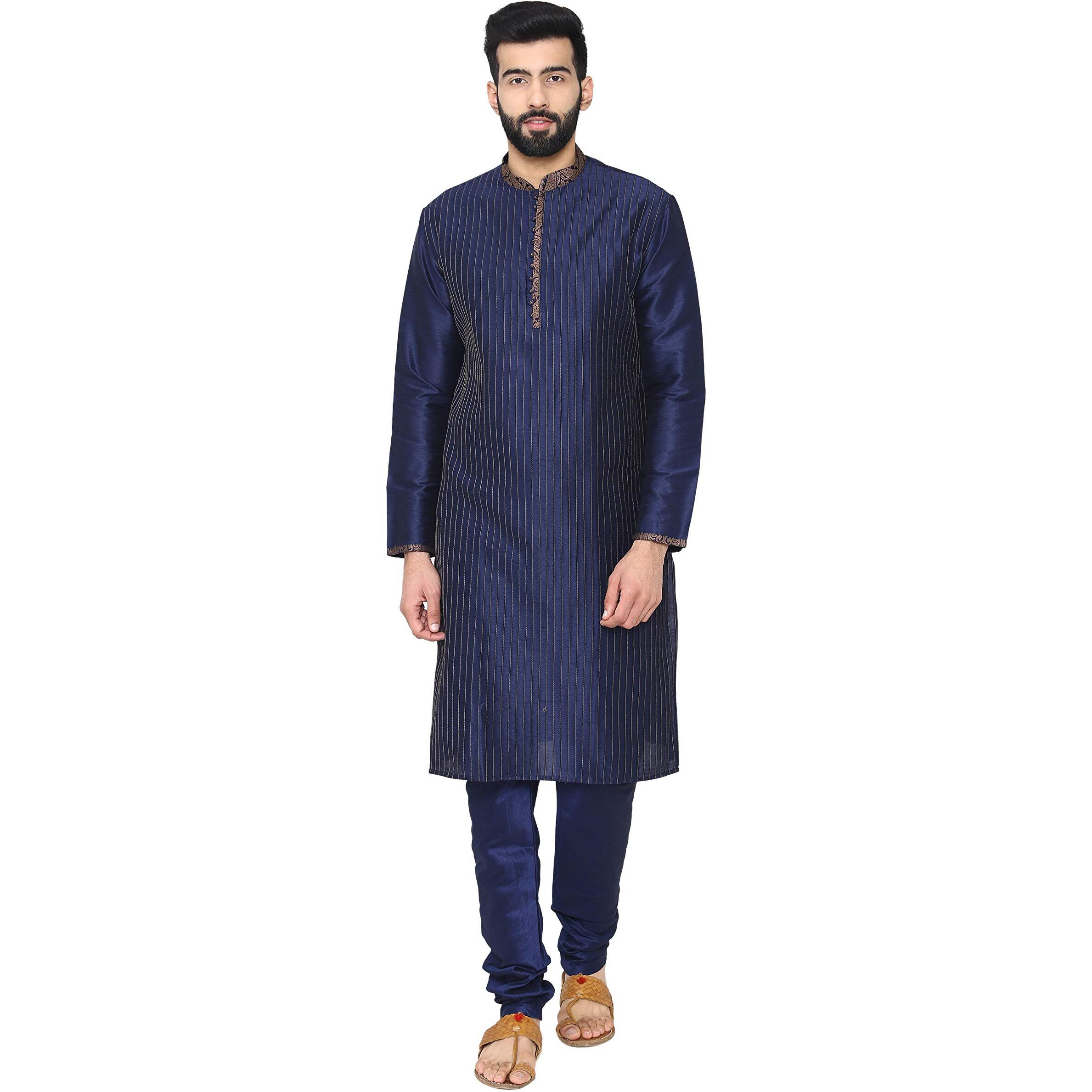 Manyavar Men's Regular Fit Blended Kurta & Churidar Set, Dark Blue - Medium/38 (S952358-306)