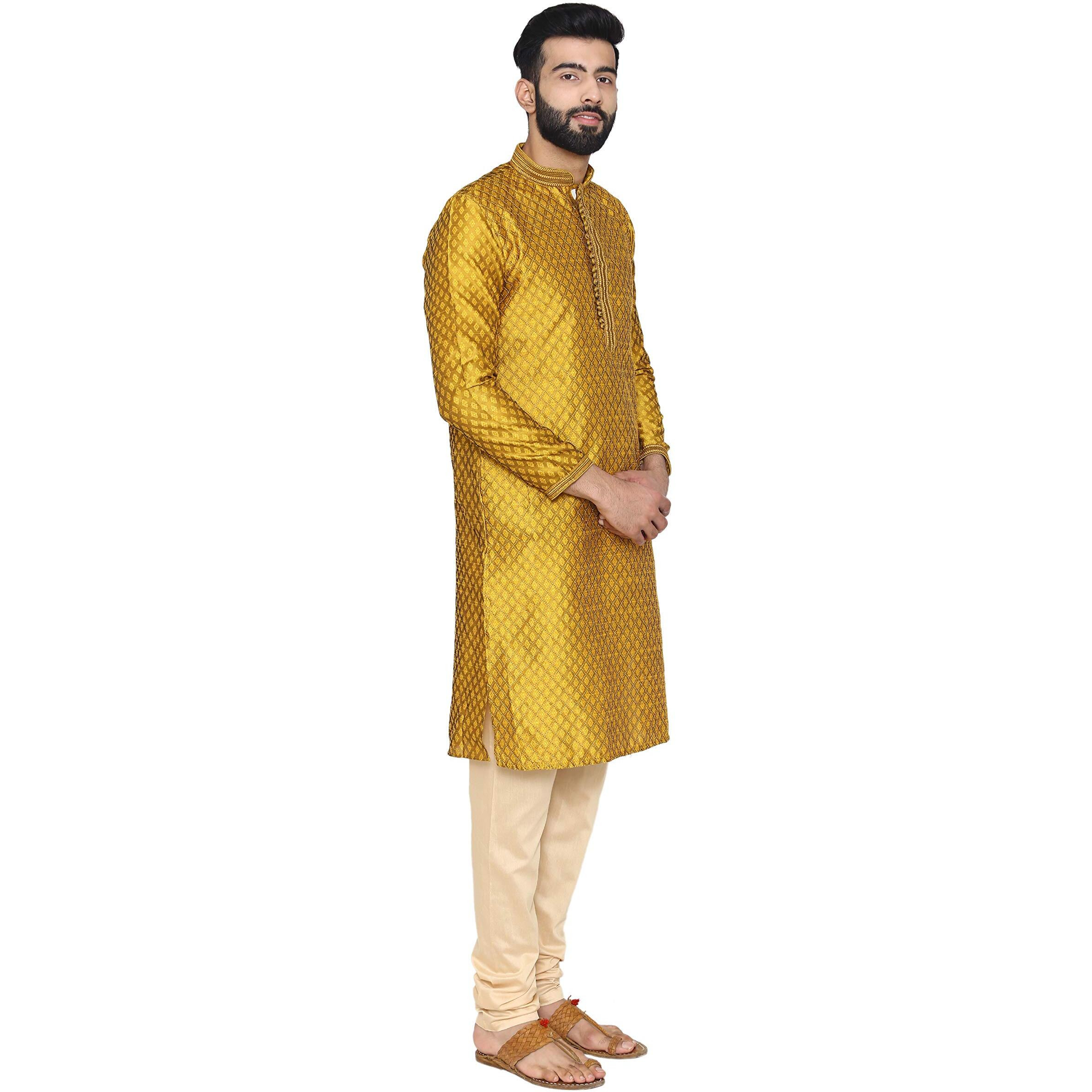 Manyavar Men's Silk Kurta Pyjama (S952648_Yellow_Large/40)