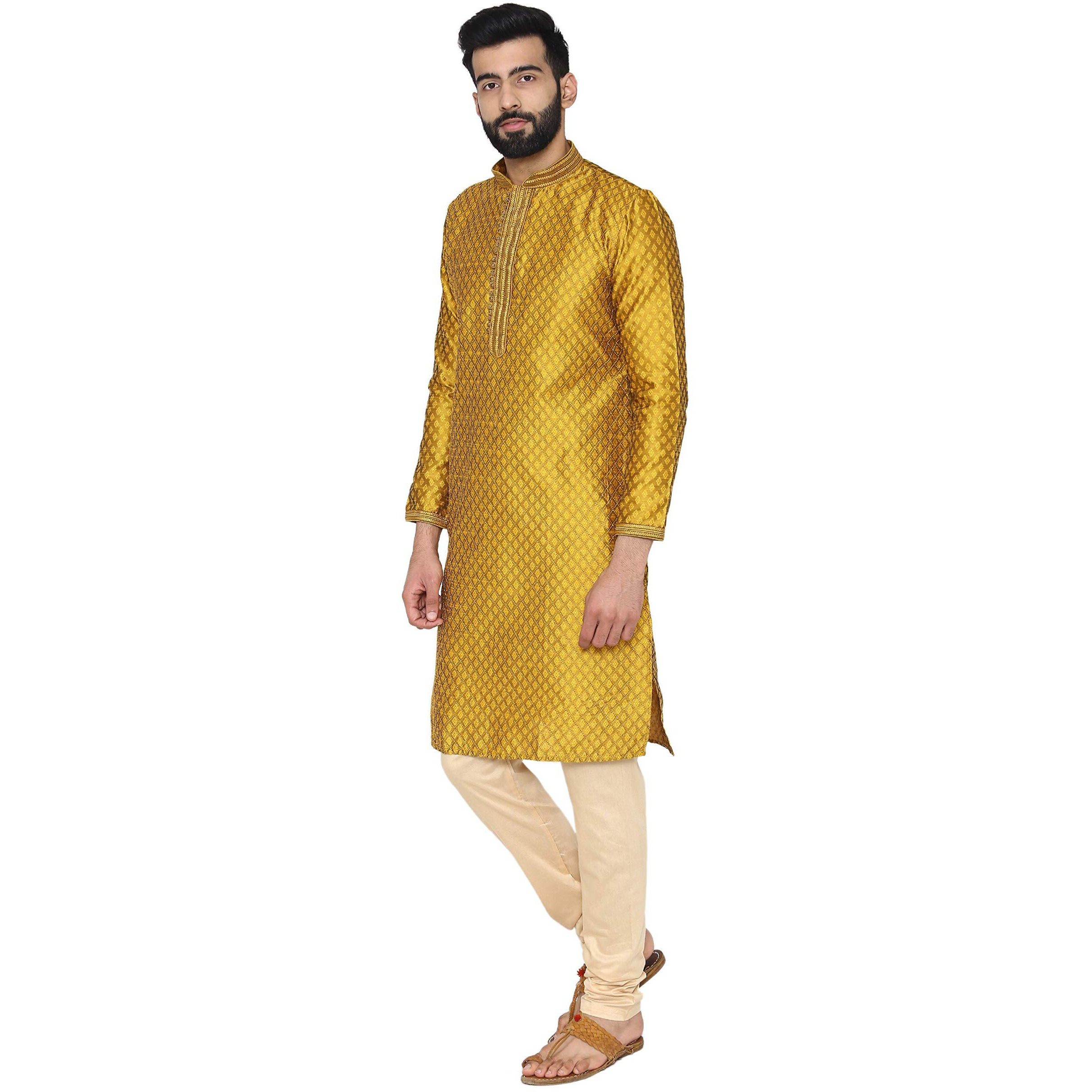 Manyavar Men's Silk Kurta Pyjama (S952648_Yellow_Large/40)