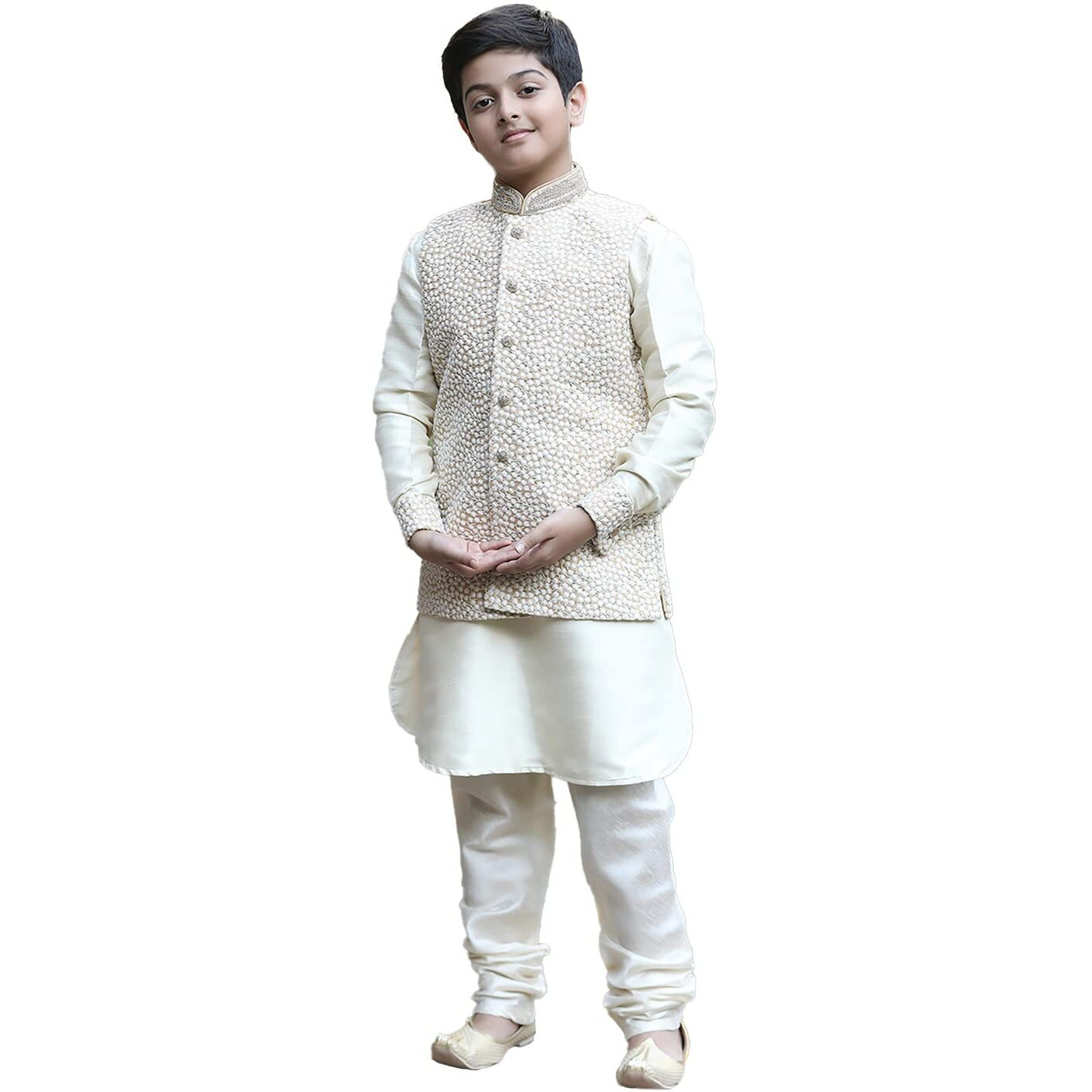 Manyavar Boy's Blended Silk Full Sleeve Kurta Jacket Breeches Set(8-10 Years)