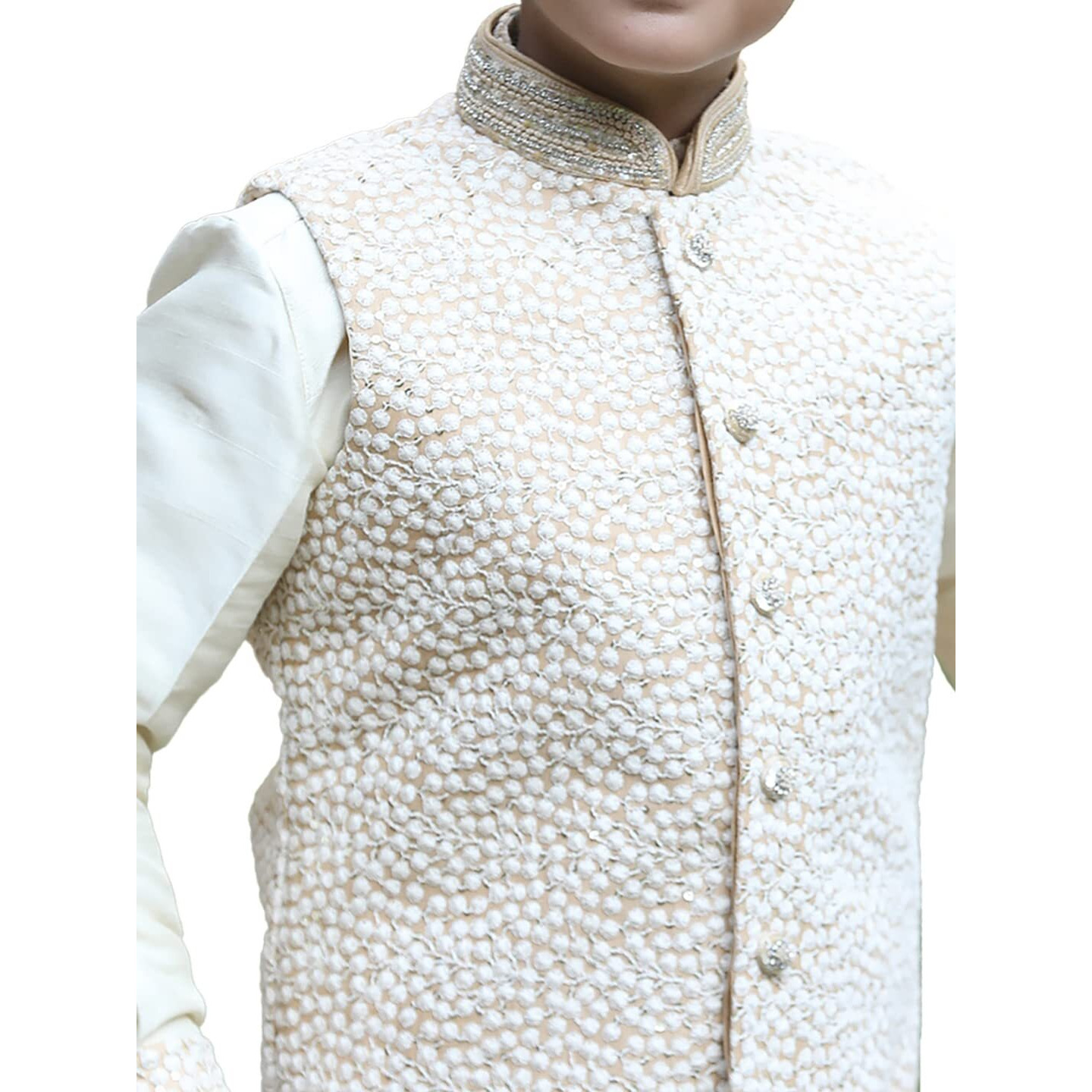 Manyavar Boy's Blended Silk Full Sleeve Kurta Jacket Breeches Set(8-10 Years)