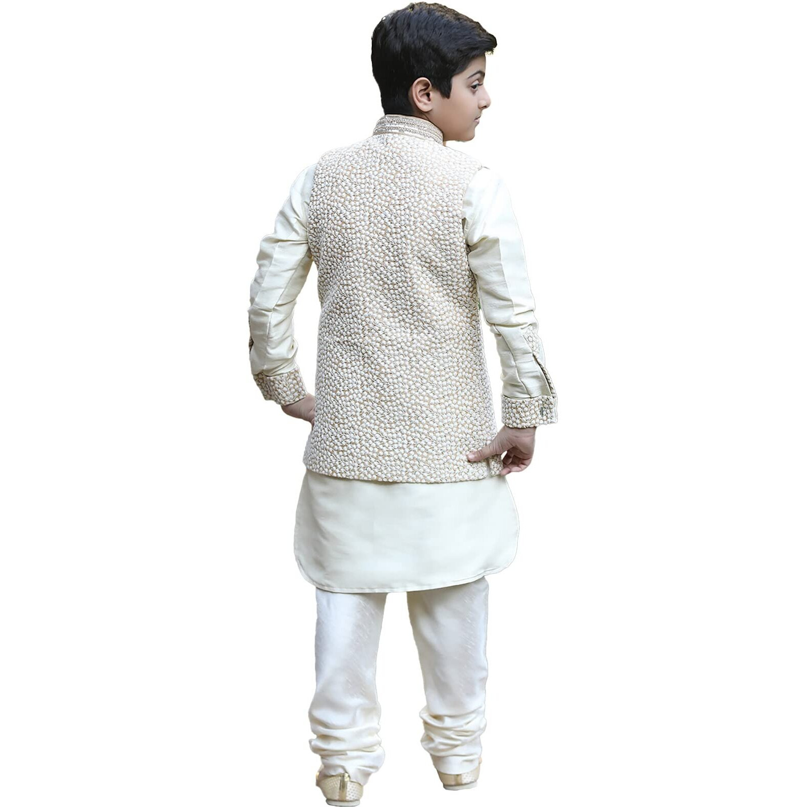 Manyavar Boy's Blended Silk Full Sleeve Kurta Jacket Breeches Set(8-10 Years)