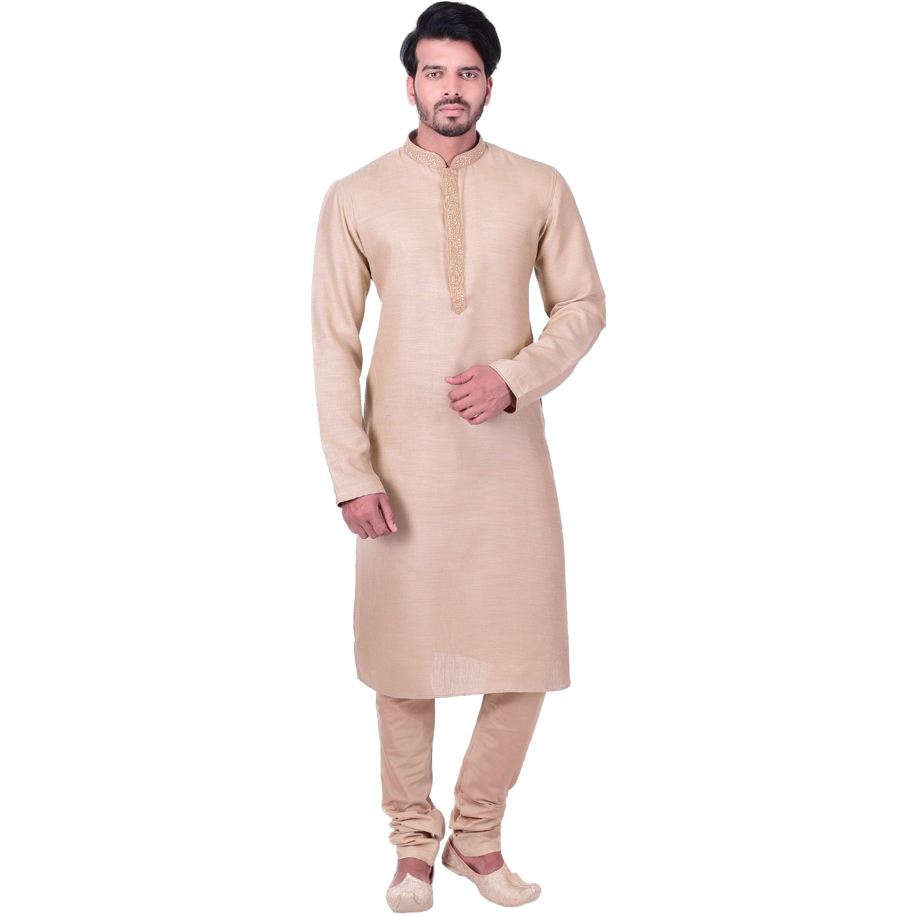 Manyavar Men's Regular Fit Kurta & Churidar Set, Beige - Small (S952727-304)