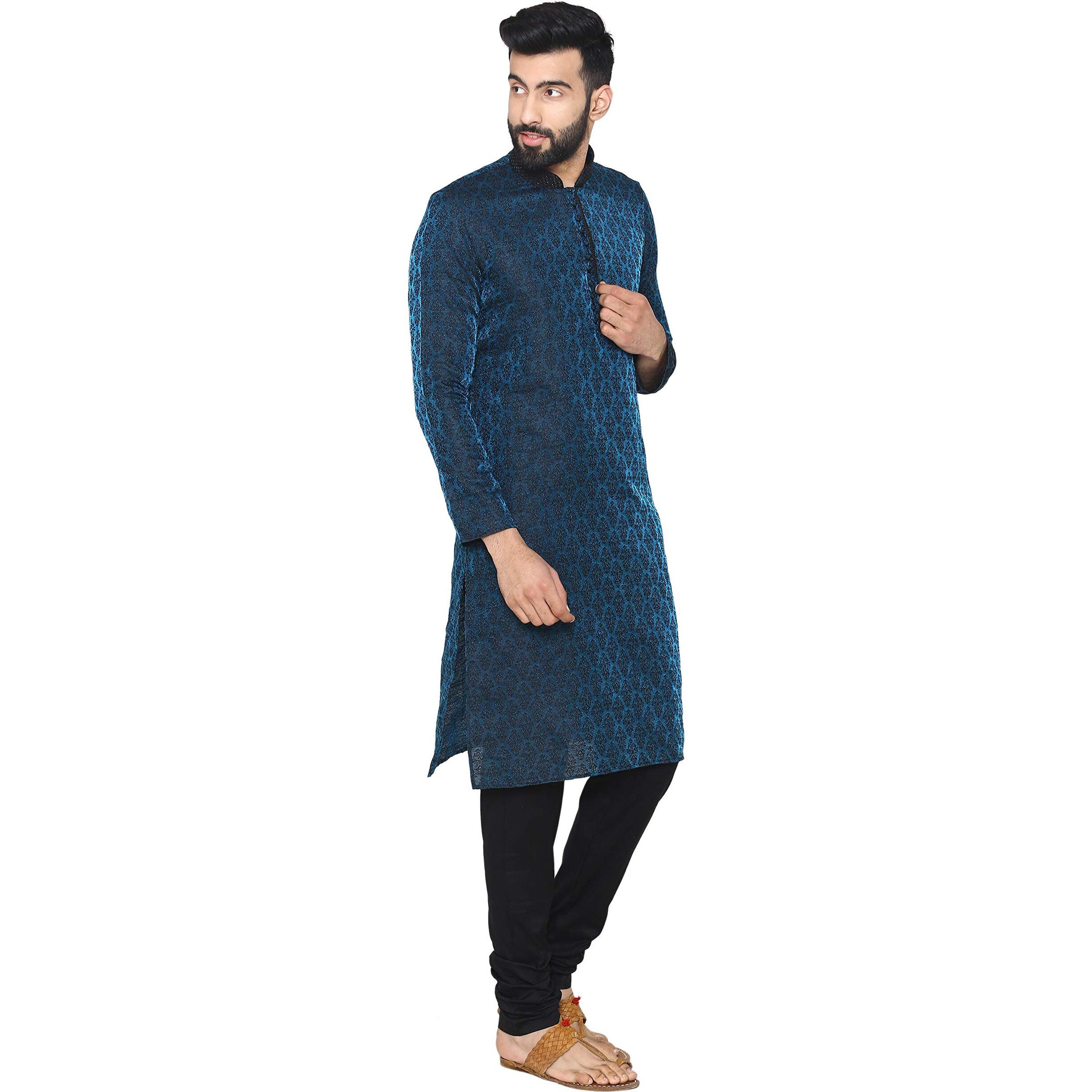 Manyavar Synthetic Men's Blended Full Sleeve Regular Fit Kurta With Churidar (Blue, X Large)