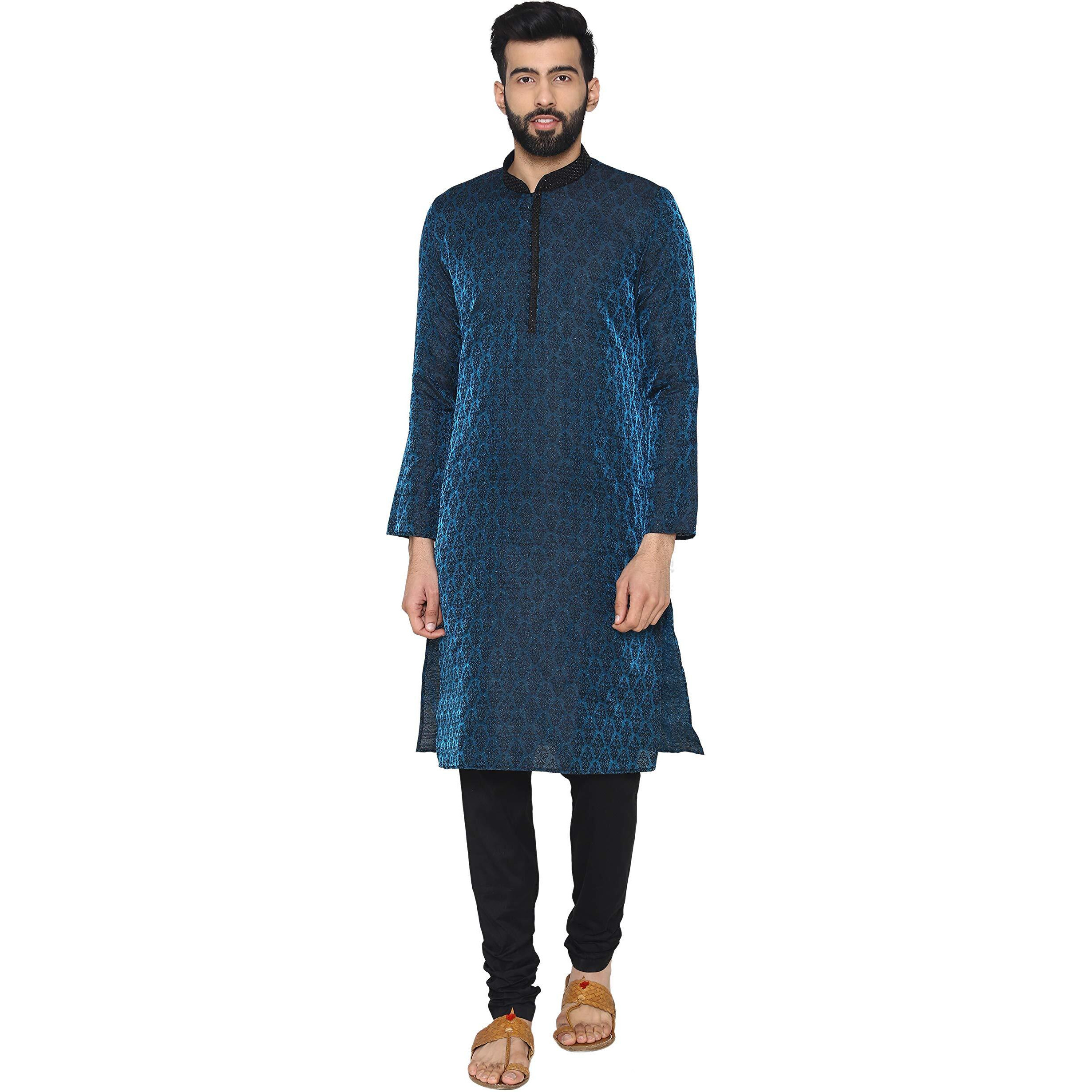 Manyavar Synthetic Men's Blended Full Sleeve Regular Fit Kurta With Churidar (Blue, X- Large)