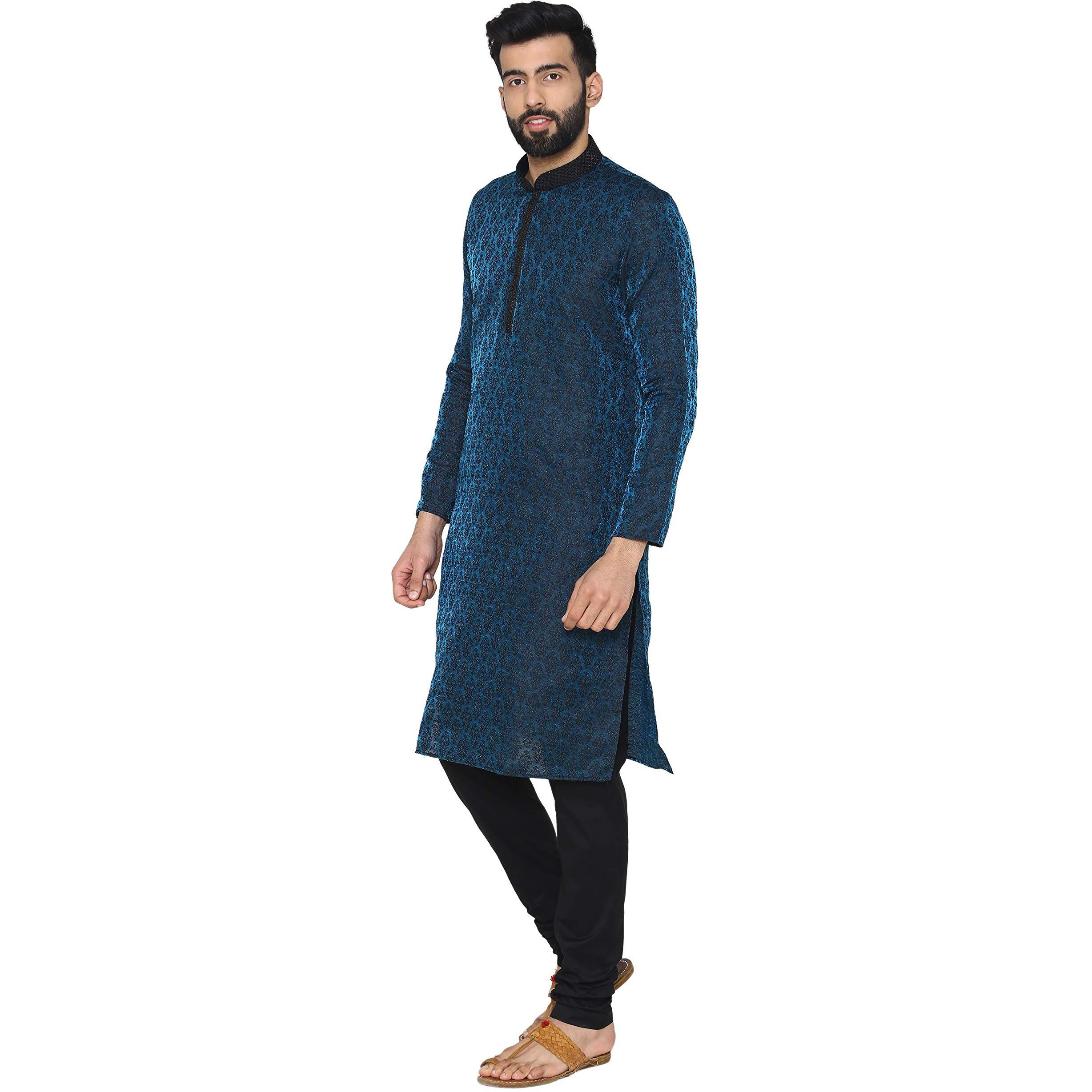 Manyavar Synthetic Men's Blended Full Sleeve Regular Fit Kurta With Churidar (Blue, X- Large)