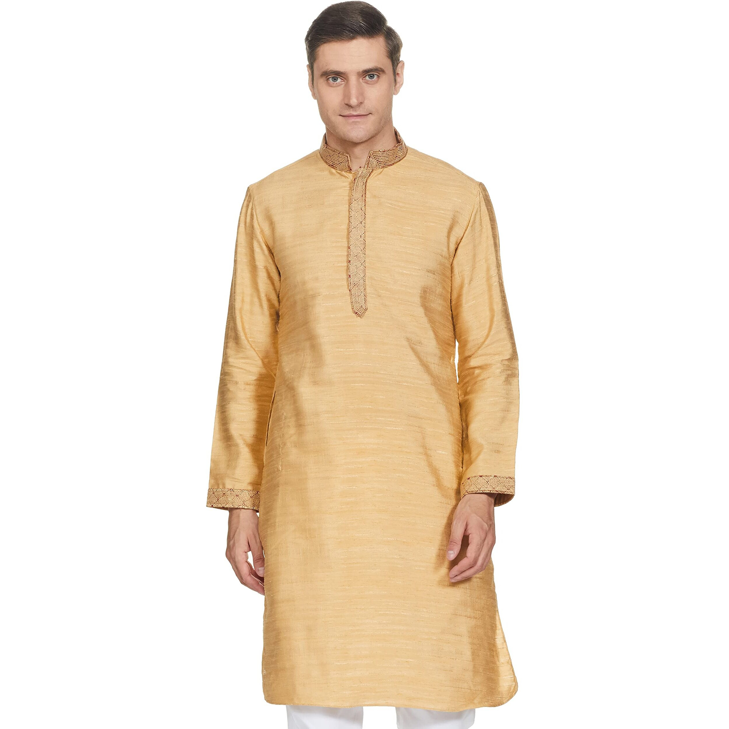 Manyavar Men's Art Silk Regular Kurta And Churidar Set (S952693-304_Beige_M)