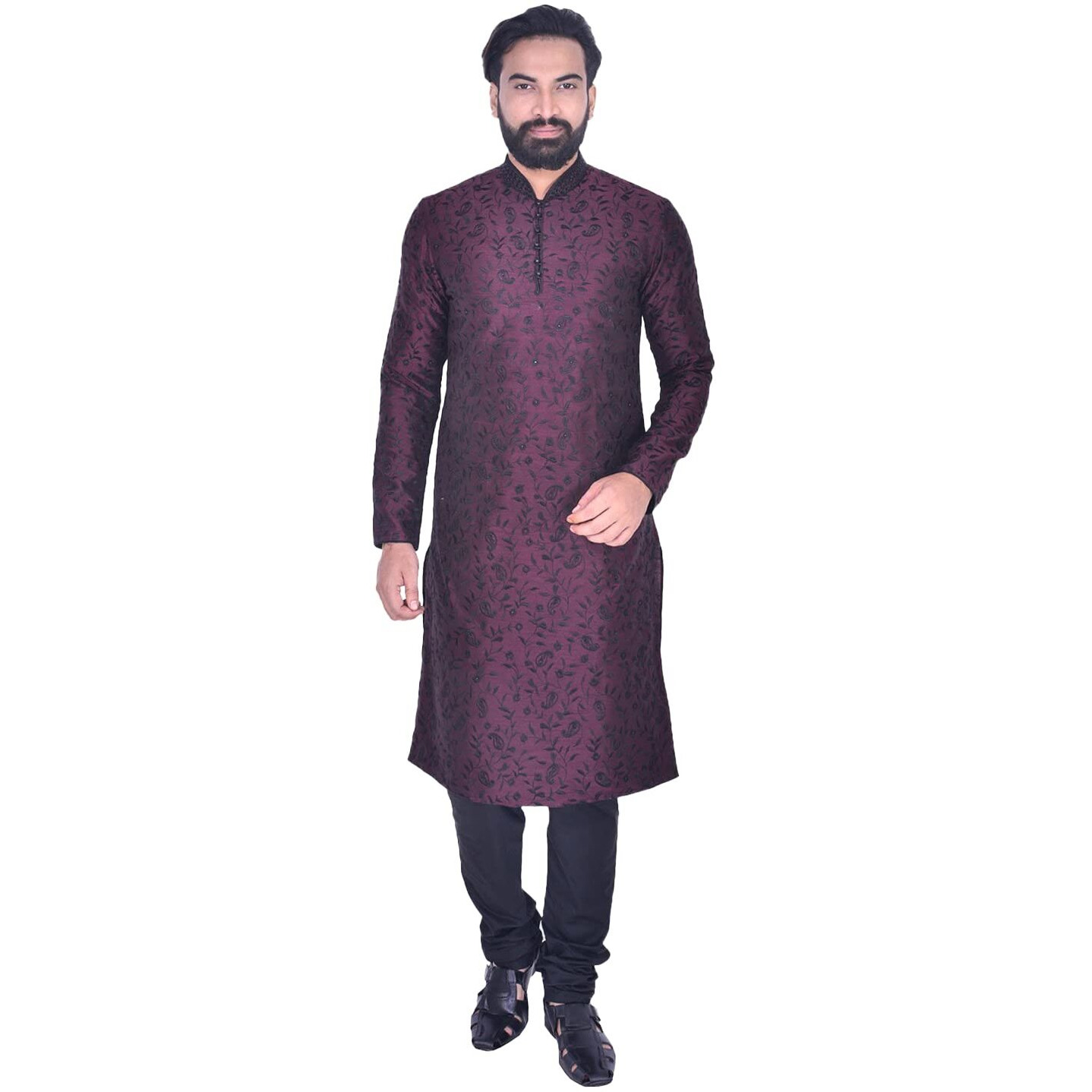 Manyavar Selfdesign Embroidered Knee Long Kurta And Churidar Set For Men - (Wine, X-Large)