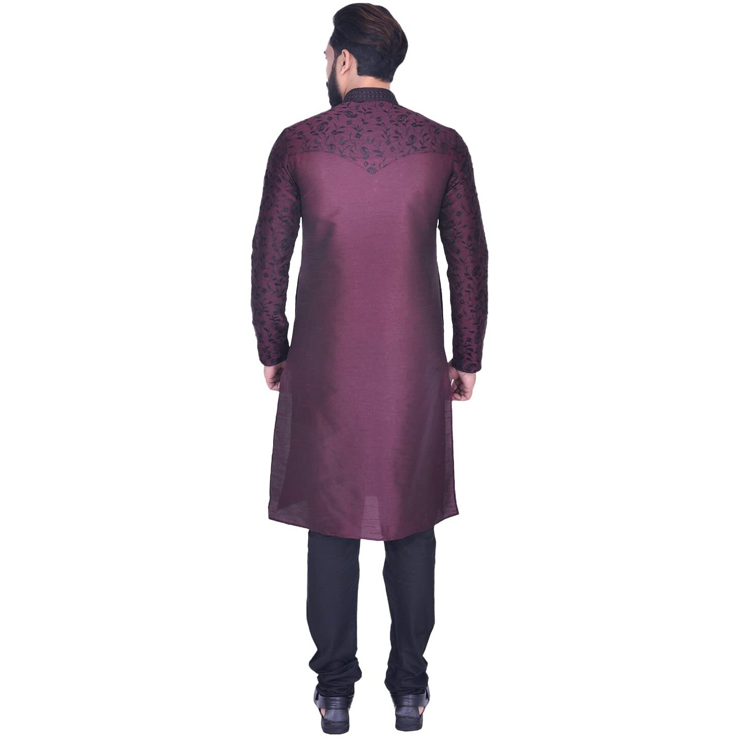 Manyavar Selfdesign Embroidered Knee Long Kurta And Churidar Set For Men - (Wine, X-Large)