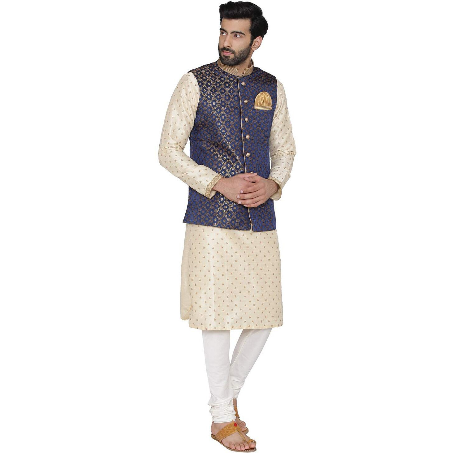 Manyavar Men's Art Silk Jacket (Jac121_Blue_Large)