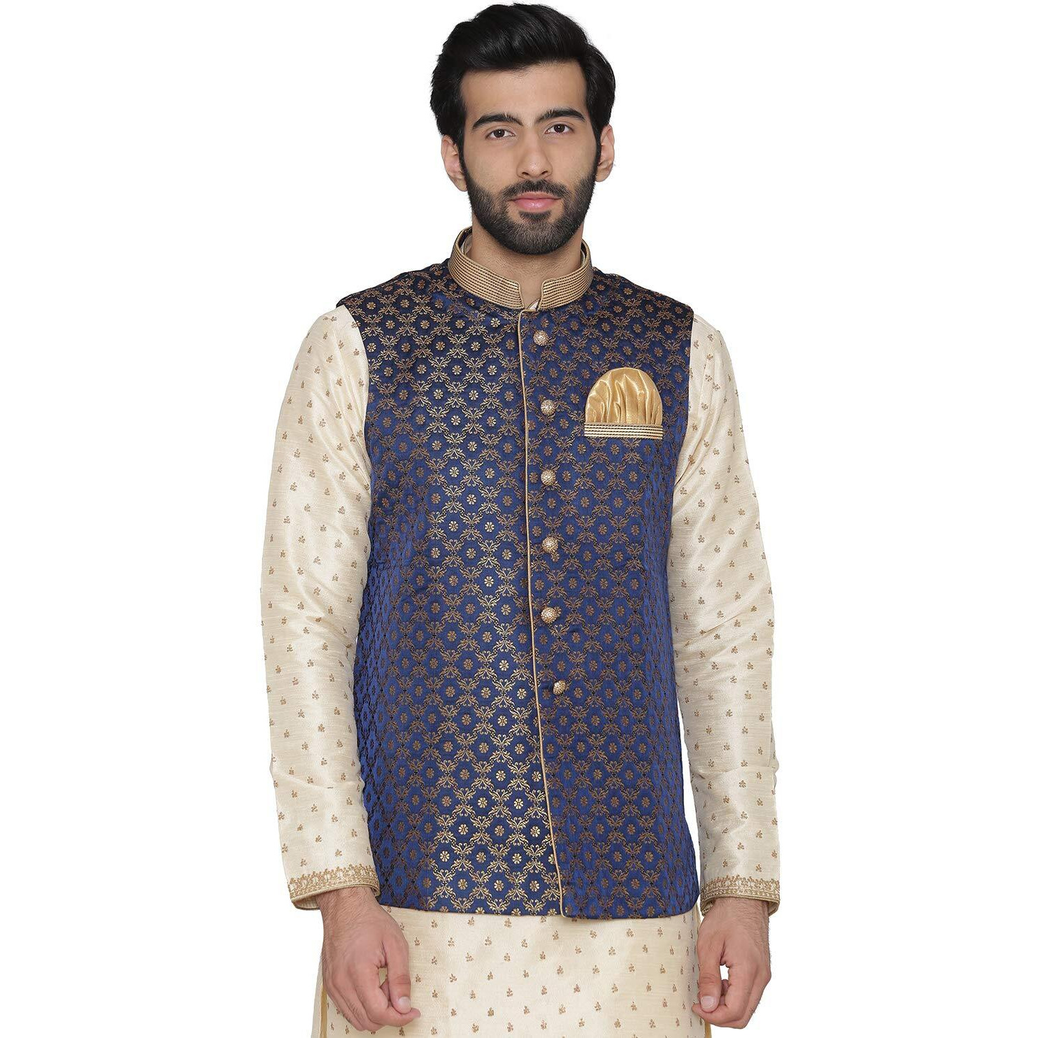 Manyavar Men's Art Silk Jacket (Jac121_Blue_Large)