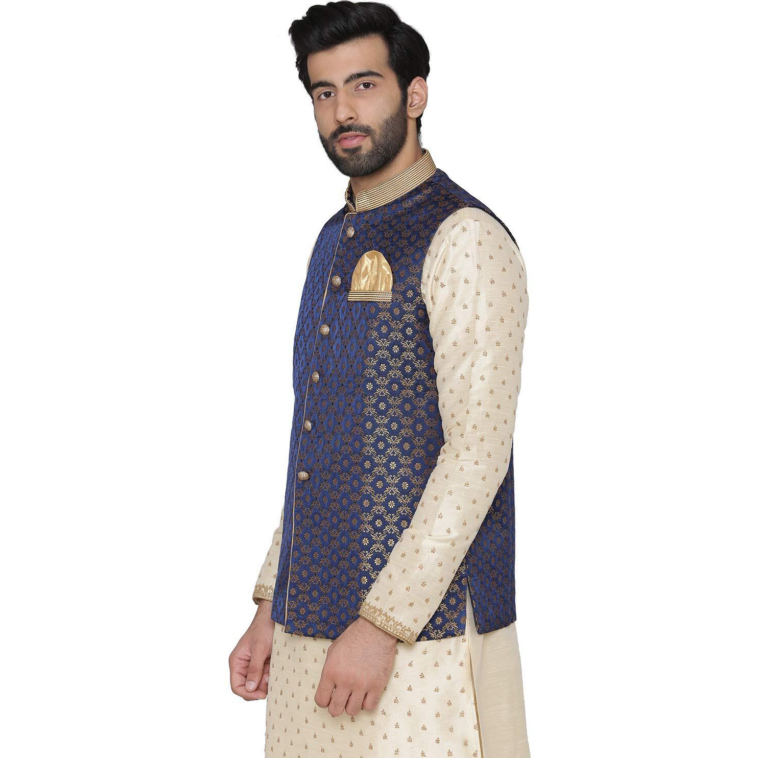 Manyavar Men's Art Silk Jacket (Jac121_Blue_Large)