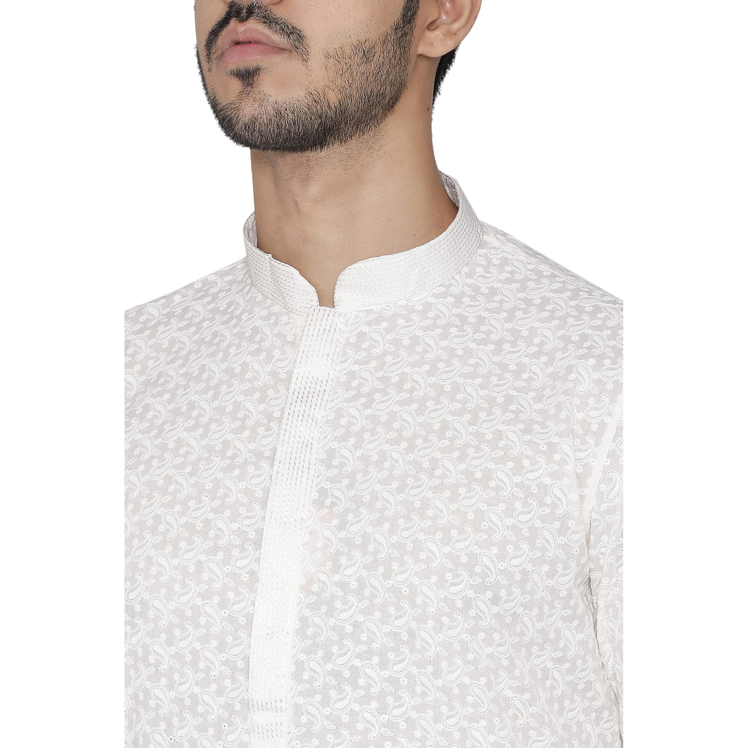 Manyavar Embroidered Knee Long Full Sleeves Kurta And Churidar Set For Men - (Cream, Xx-Large)