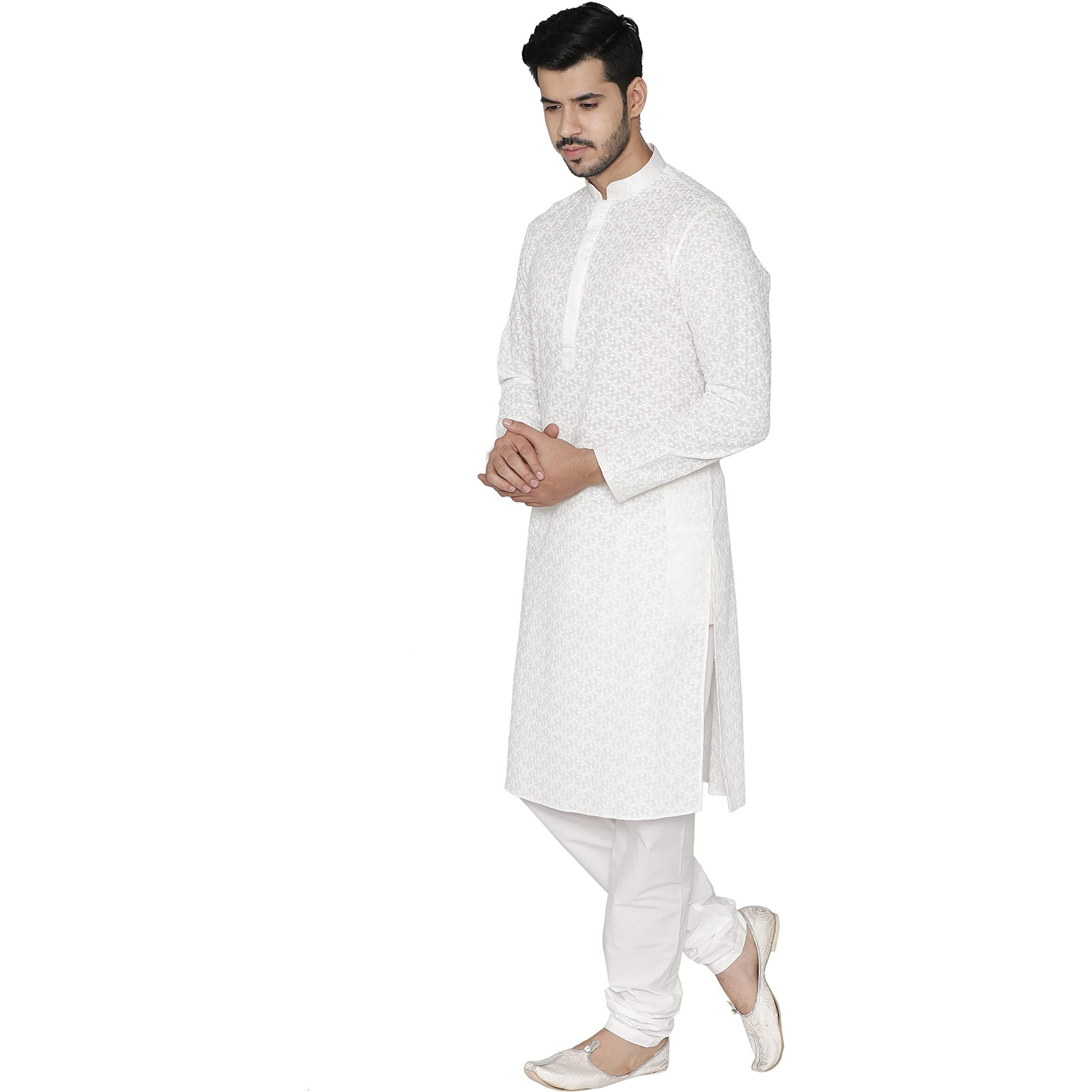 Manyavar Embroidered Knee Long Full Sleeves Kurta And Churidar Set For Men - (Cream, Xx-Large)