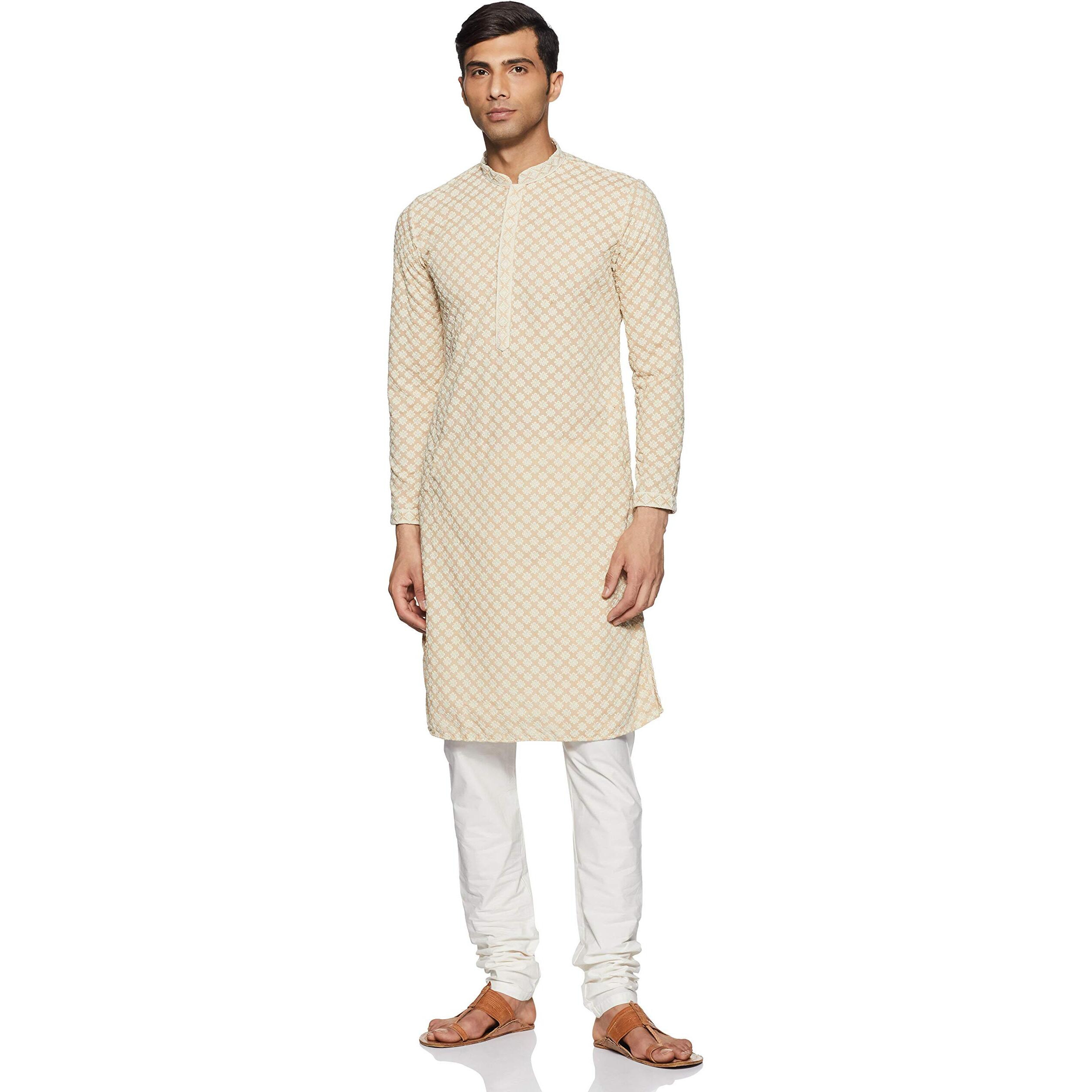 Manyavar Kurta Churidar Set, Blended Cotton Full Sleeves Mandarin Collar Chikankari Ethnic Wear For Men - (Beige, Medium)