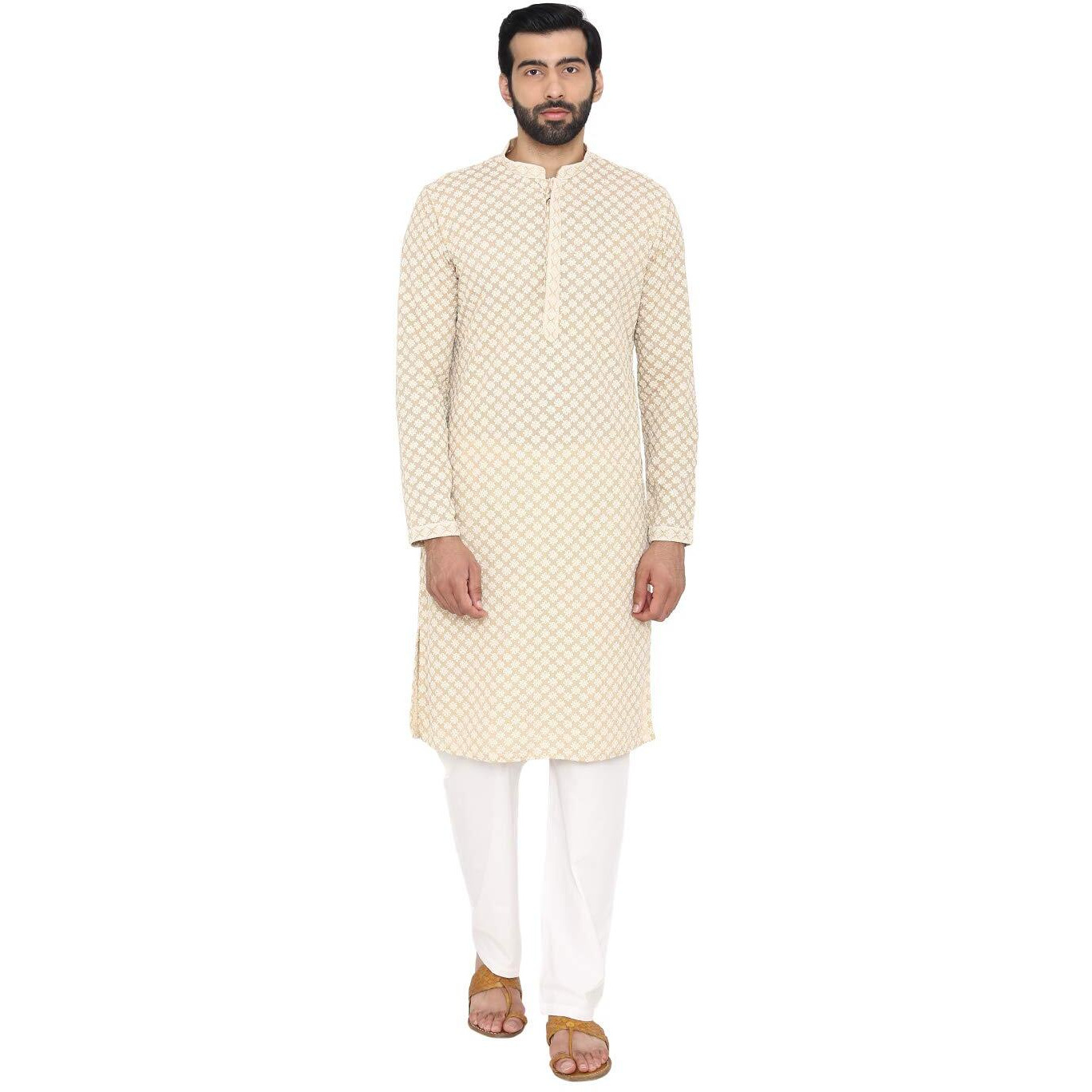 Manyavar Kurta Churidar Set, Blended Cotton Full Sleeves Mandarin Collar Chikankari Ethnic Wear For Men - (Beige, Medium)